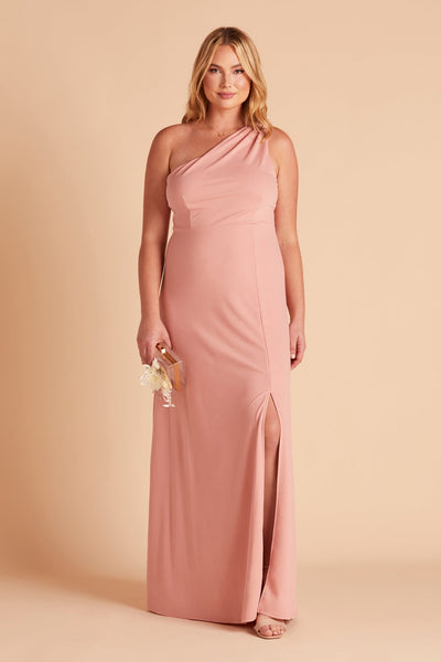 Kira plus size bridesmaid dress with slit in dusty rose crepe by Birdy Grey, front view