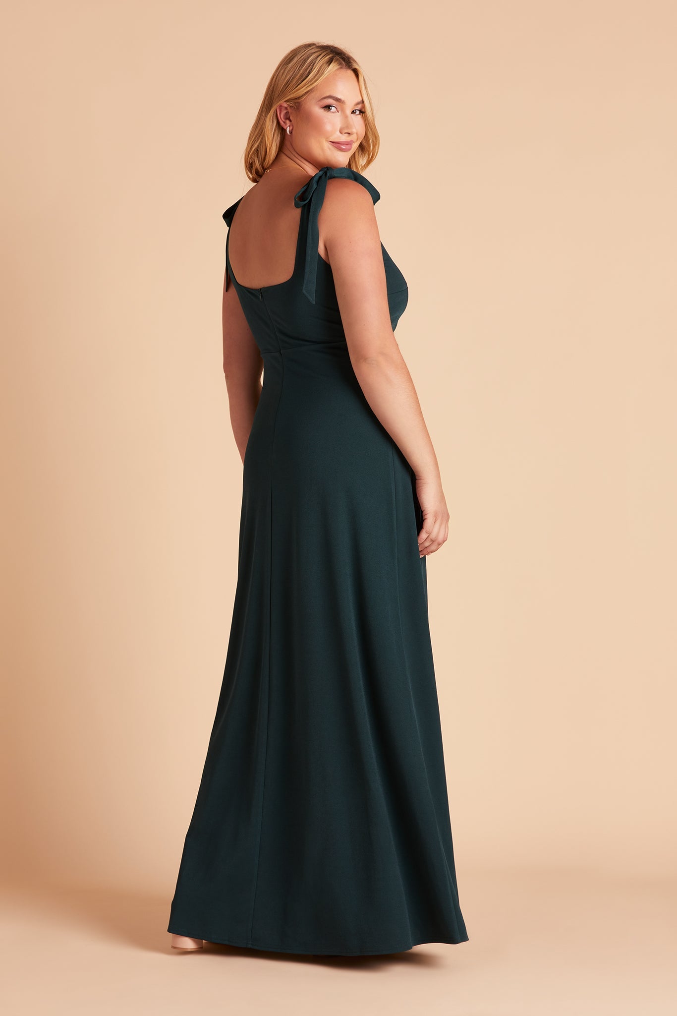 Alex convertible plus size bridesmaid dress with slit in emerald crepe by Birdy Grey, side view