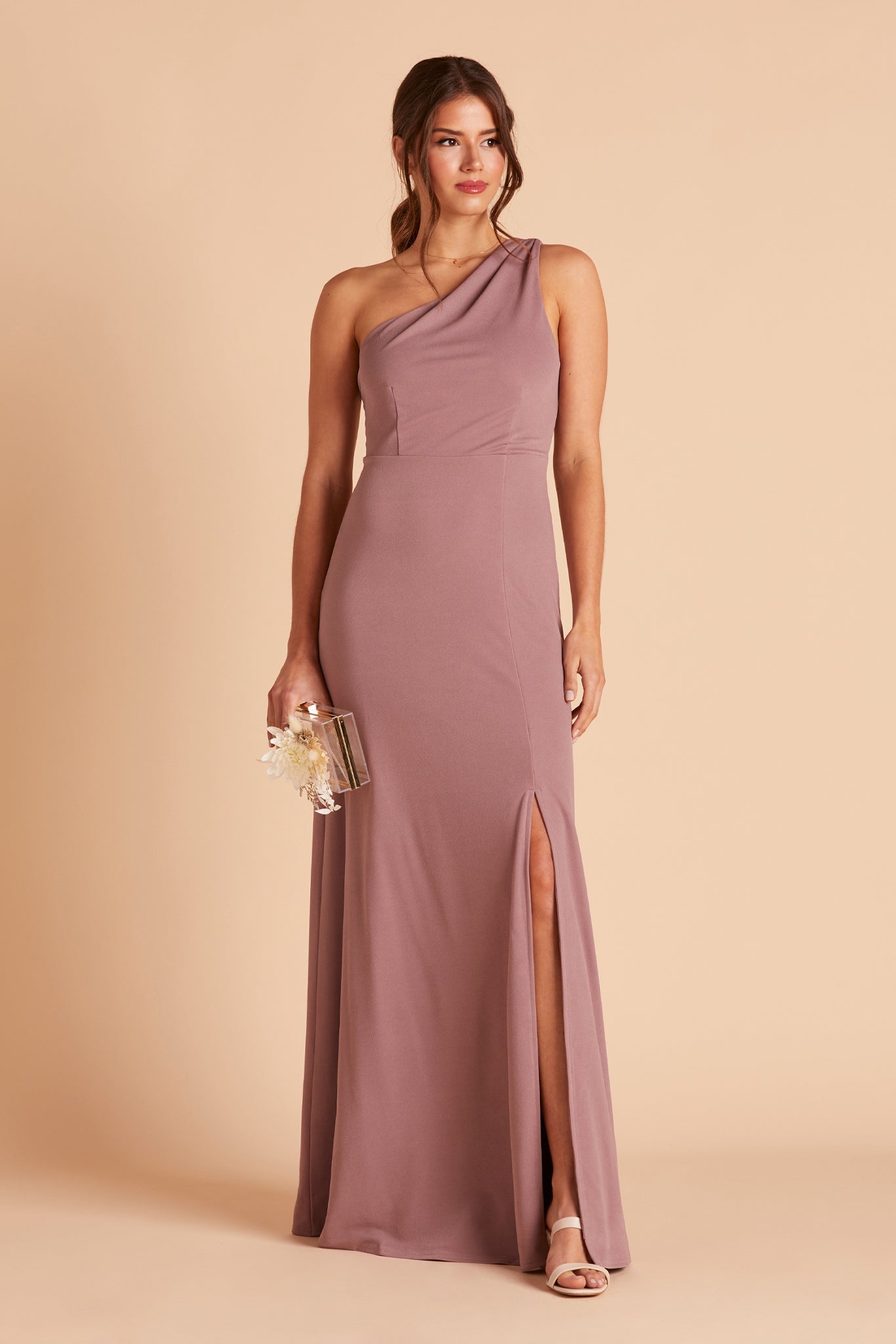 Kira bridesmaid dress with slit in dark mauve crepe by Birdy Grey, front view