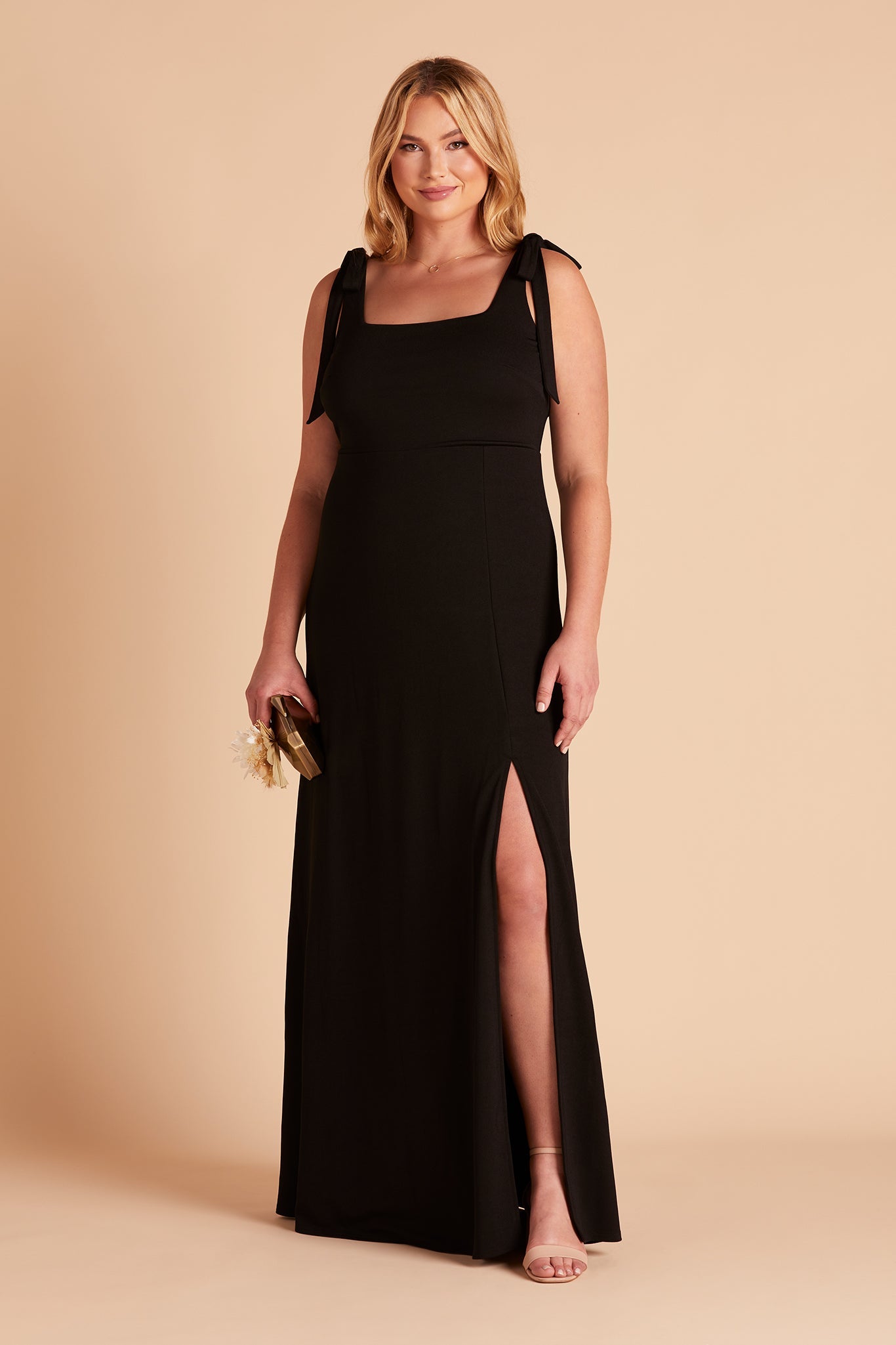 Alex convertible plus size bridesmaid dress with slit in black crepe by Birdy Grey, front view