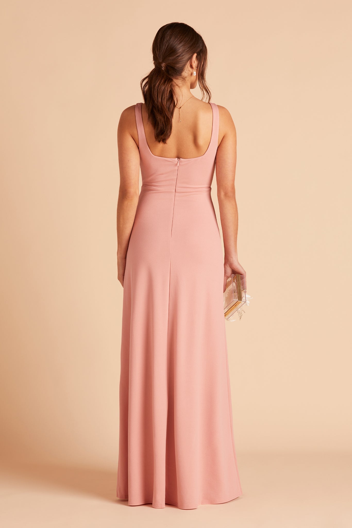 Alex convertible bridesmaid dress with slit in dusty rose crepe by Birdy Grey, back view