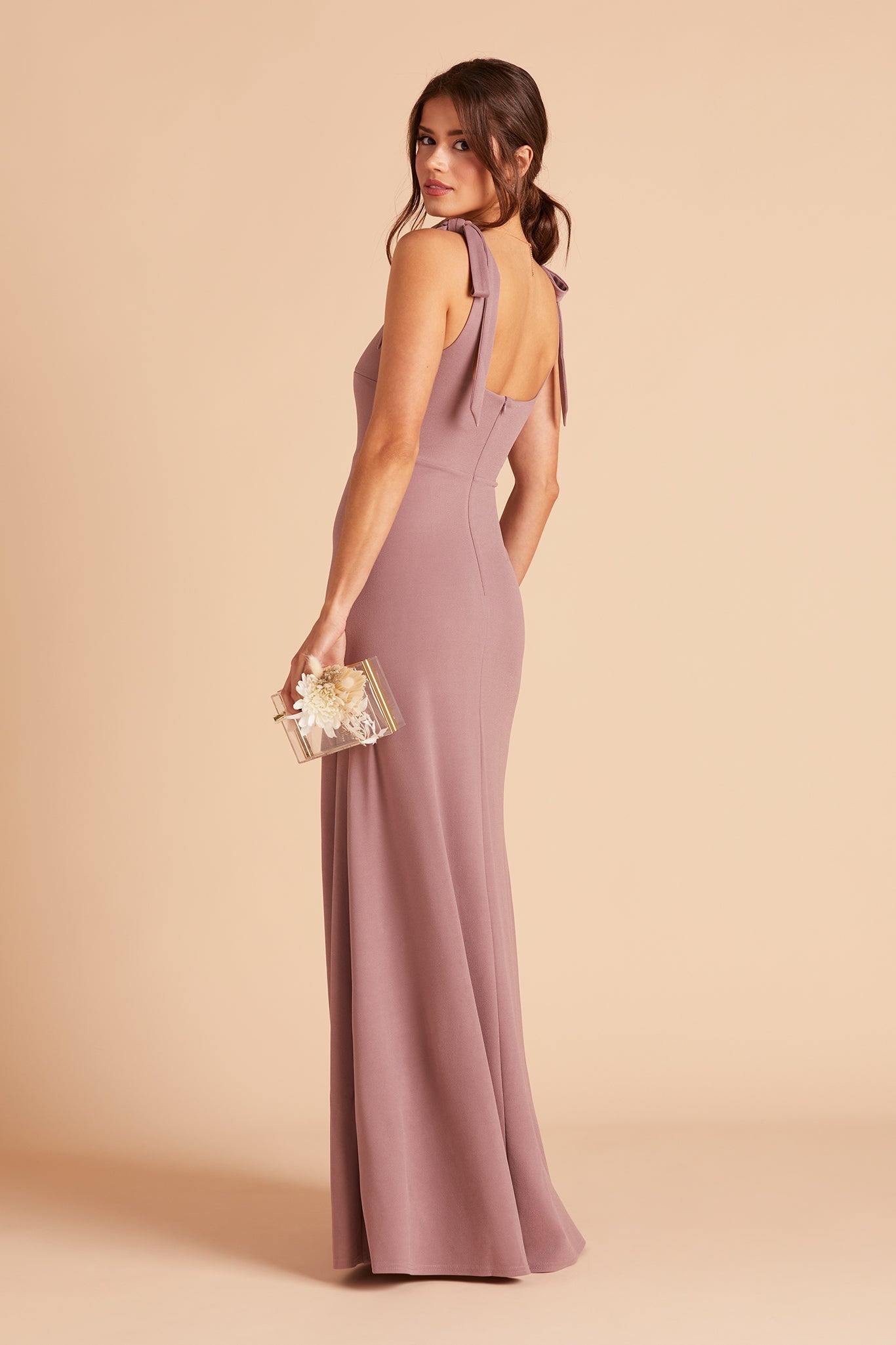 Alex convertible bridesmaid dress with slit in dark mauve crepe by Birdy Grey, side view