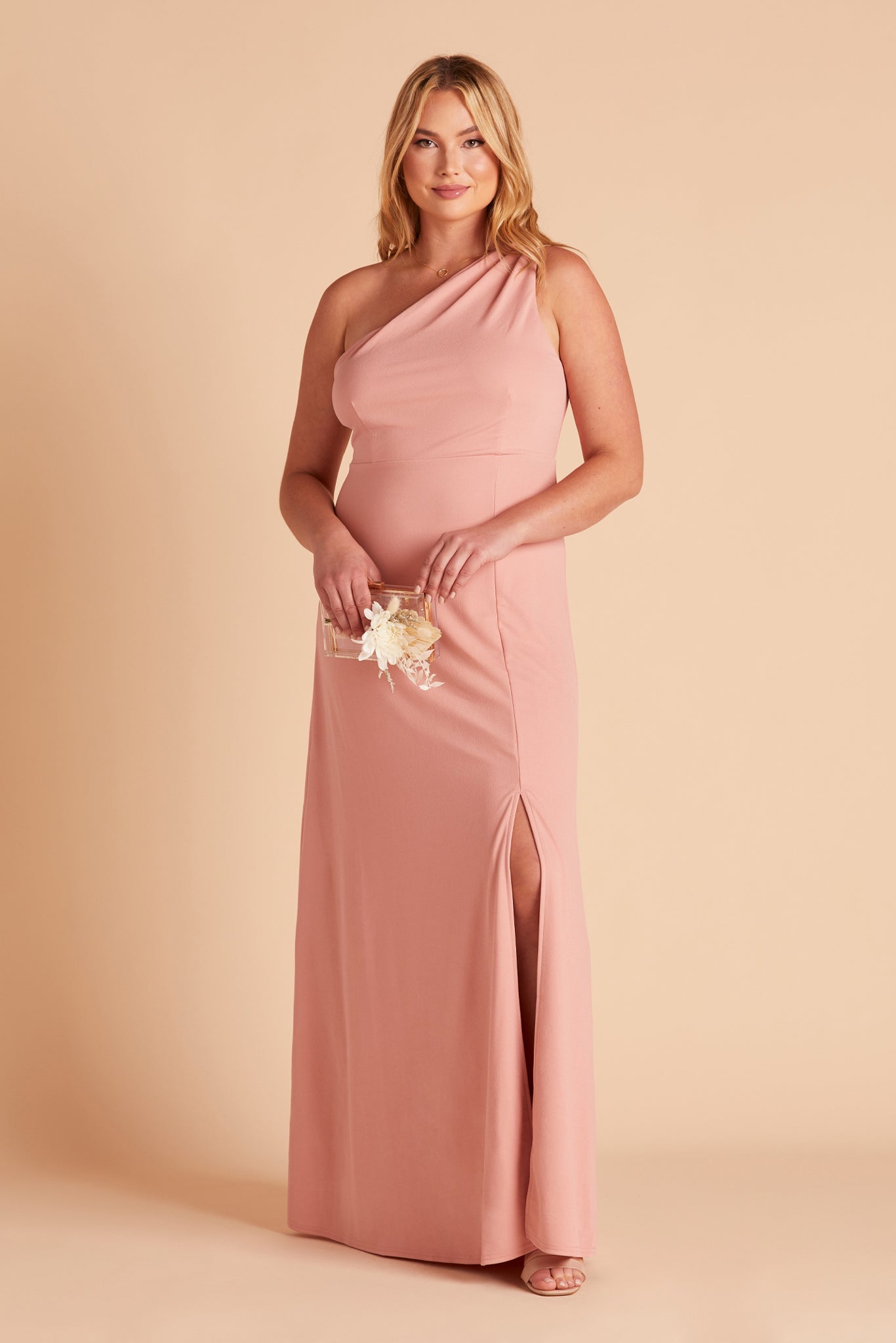 Kira plus size bridesmaid dress with slit in dusty rose crepe by Birdy Grey, front view