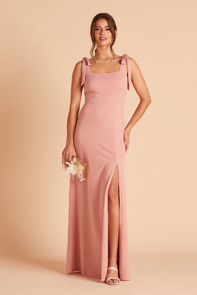 Alex convertible bridesmaid dress with slit in dusty rose crepe by Birdy Grey, front view