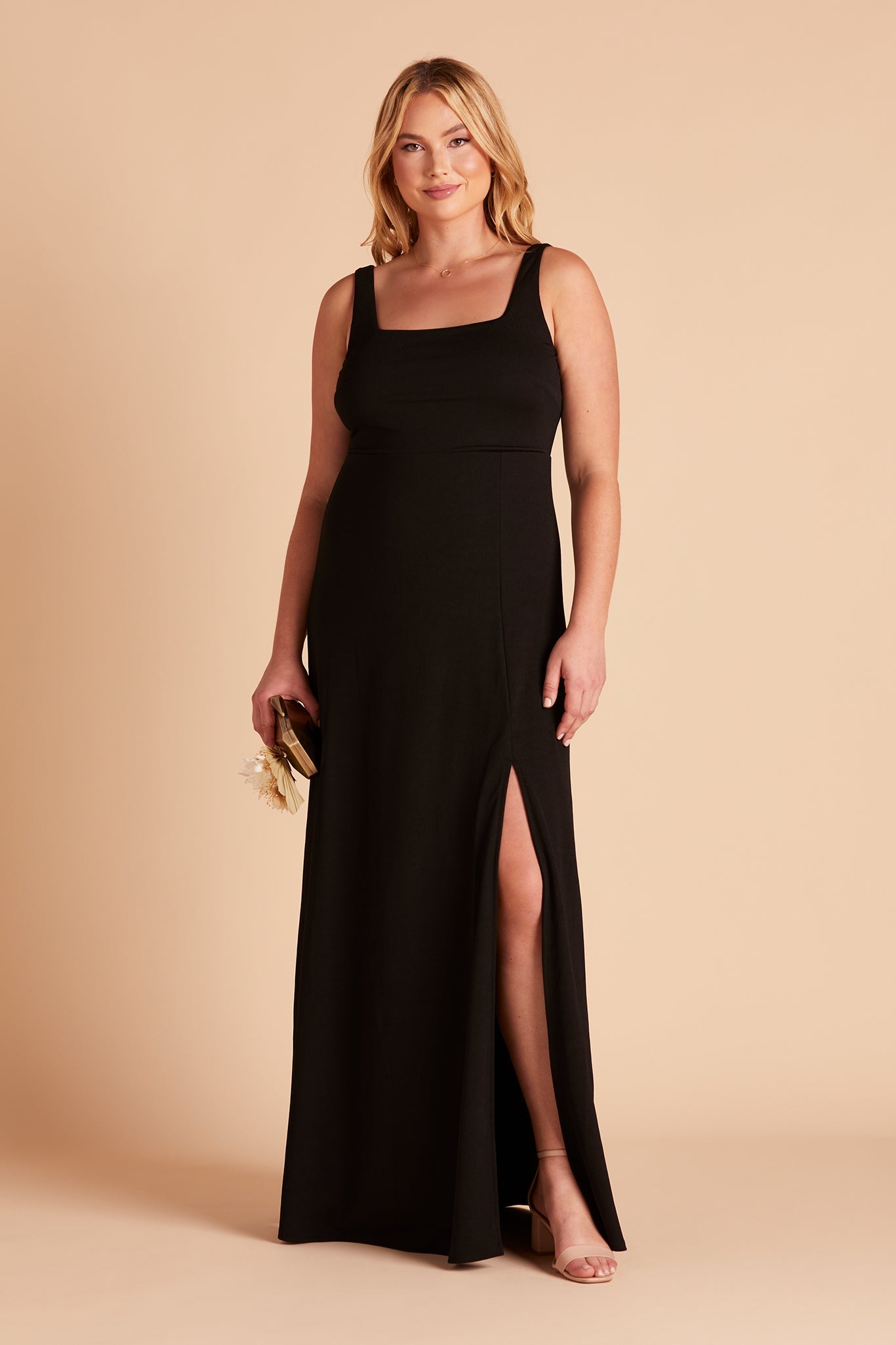 Alex convertible plus size bridesmaid dress with slit in black crepe by Birdy Grey, front view