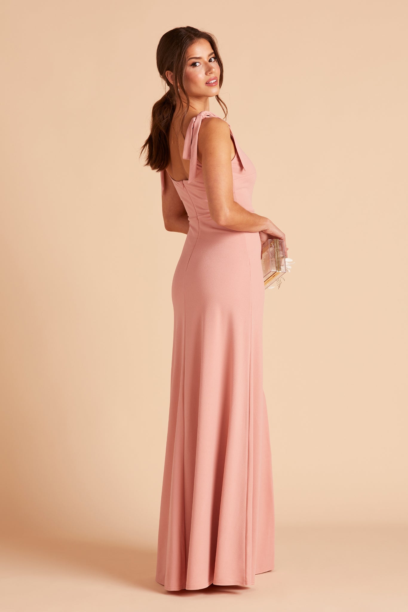 Alex convertible bridesmaid dress with slit in dusty rose crepe by Birdy Grey, side view