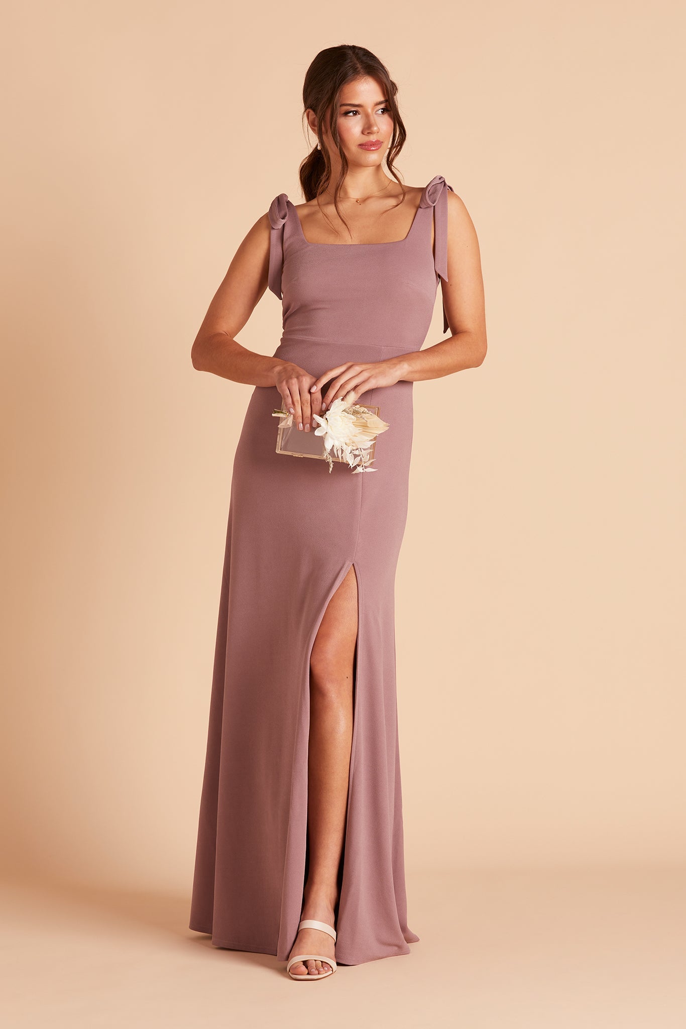 Alex convertible bridesmaid dress with slit in dark mauve crepe by Birdy Grey, front view