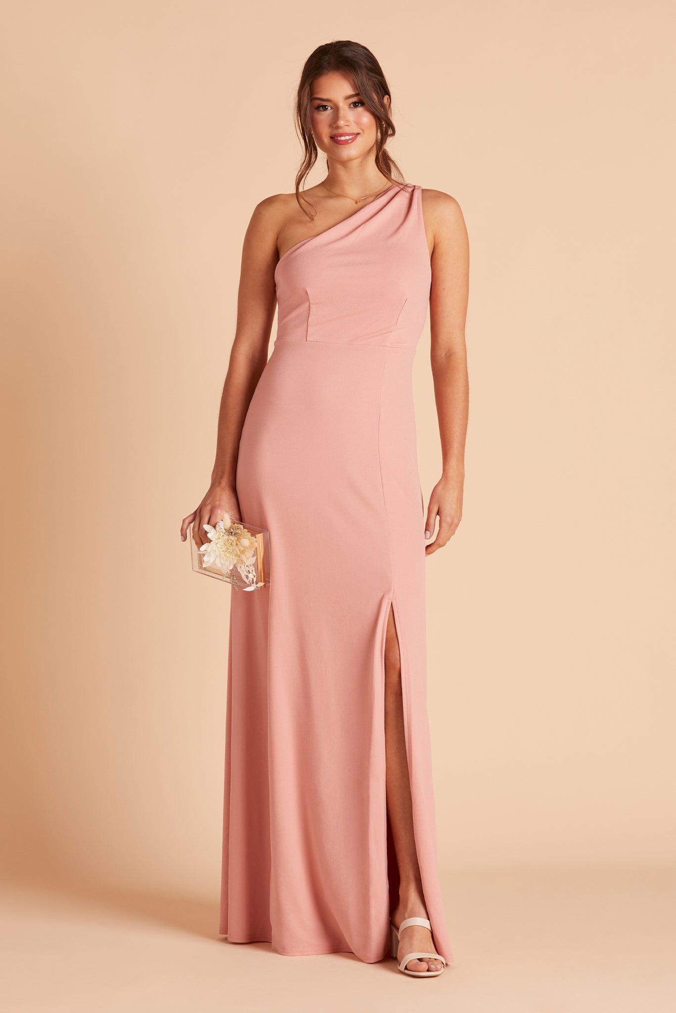 Kira bridesmaid dress with slit in dusty rose crepe by Birdy Grey, front view