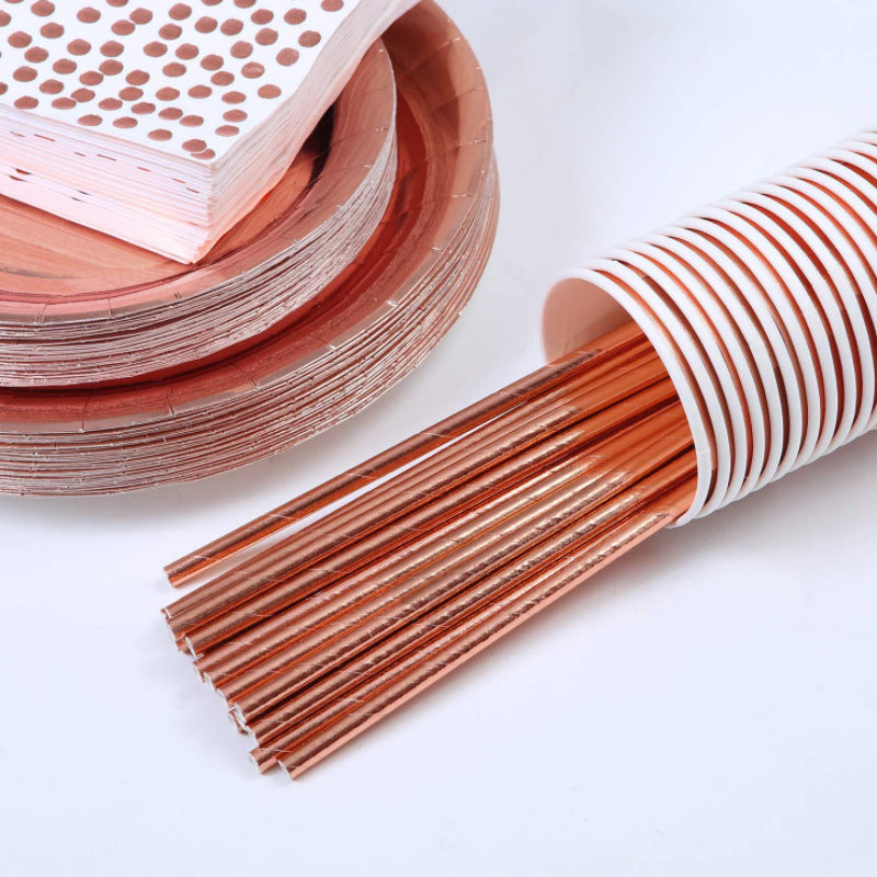 Rose Gold Tableware Set with cups, plates, straws in rose gold and white napkins with gold dots party decor by Birdy Grey