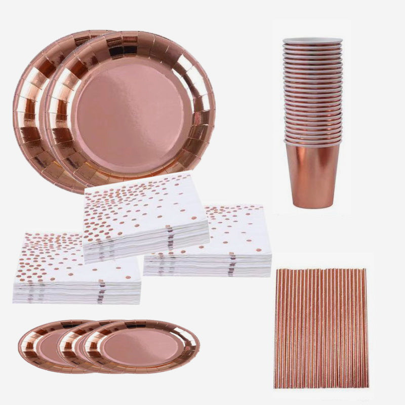 Rose Gold Tableware Set with cups, plates, straws in rose gold and white napkins with gold dots party decor by Birdy Grey