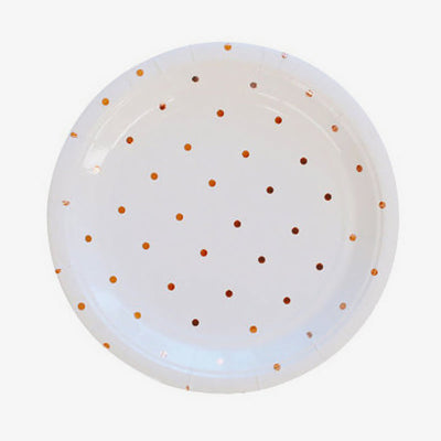 White Paper Plate Set with rose gold dots party decor by Birdy Grey