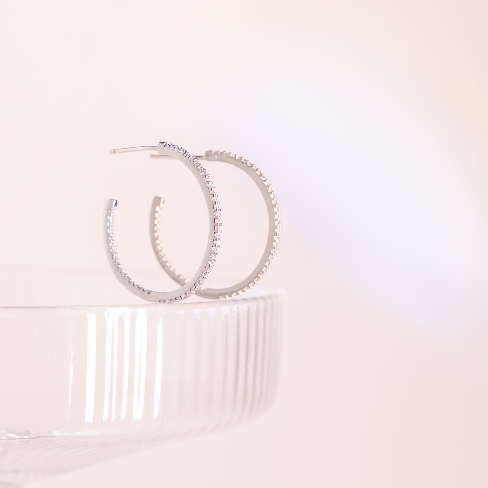 Small Lansing Pave Silver Hoops, front view