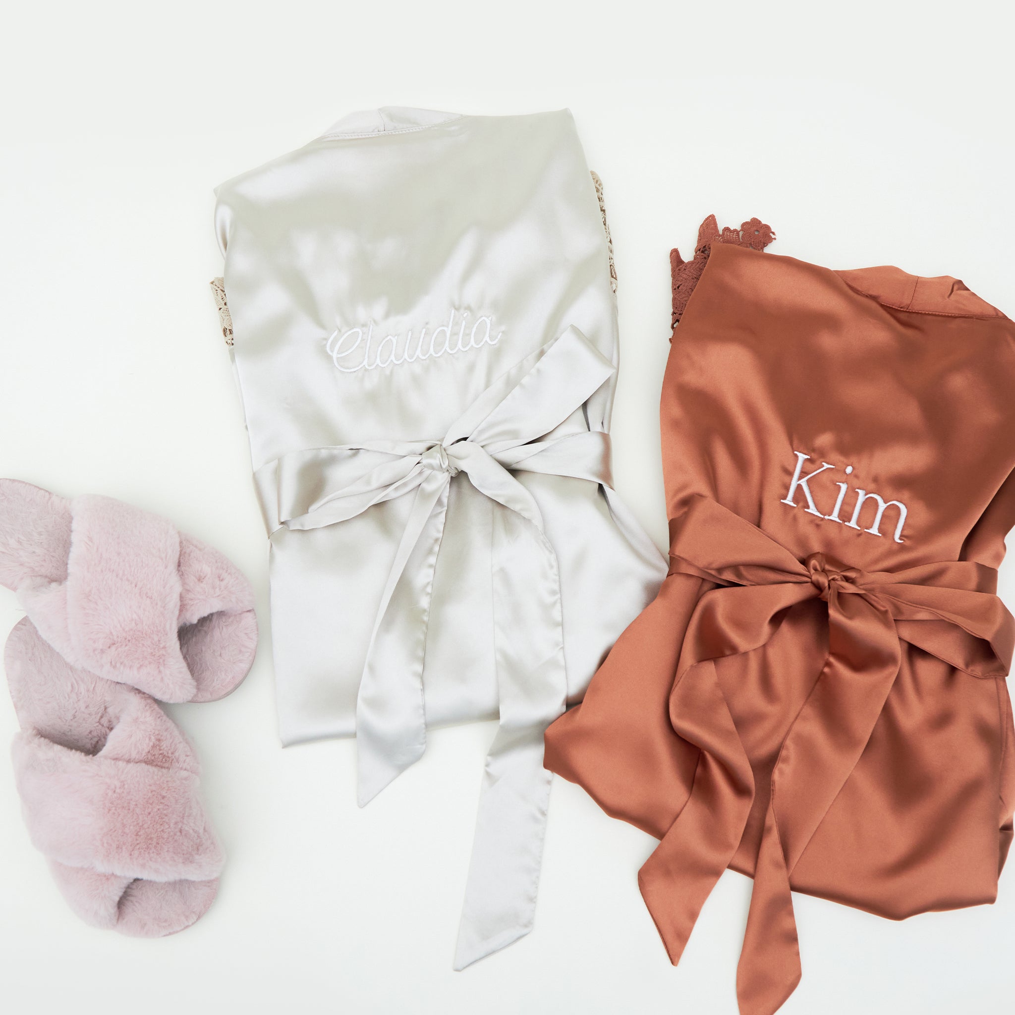 Almond Claudine satin lace robes, flatlay