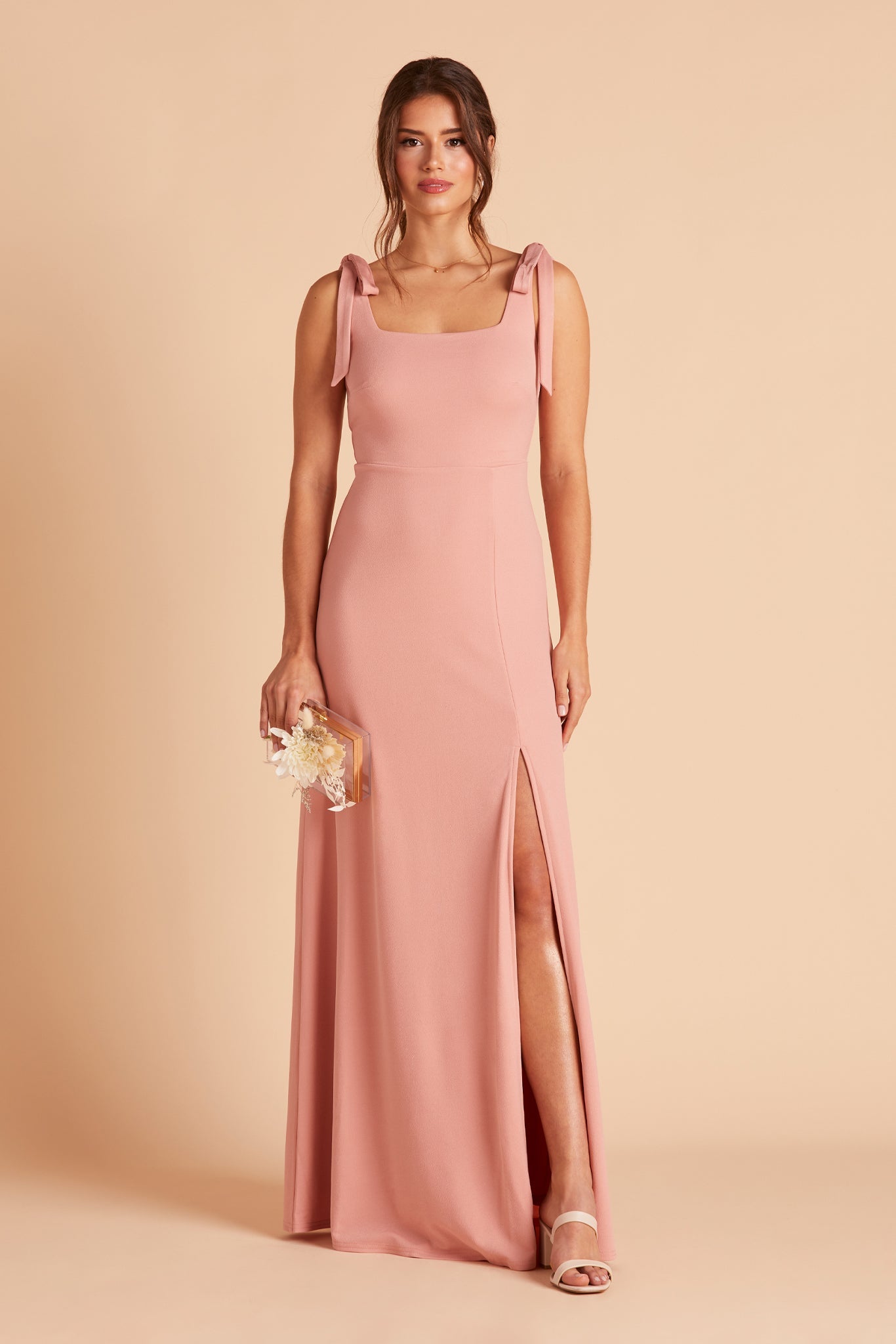 Alex convertible bridesmaid dress with slit in dusty rose crepe by Birdy Grey, front view