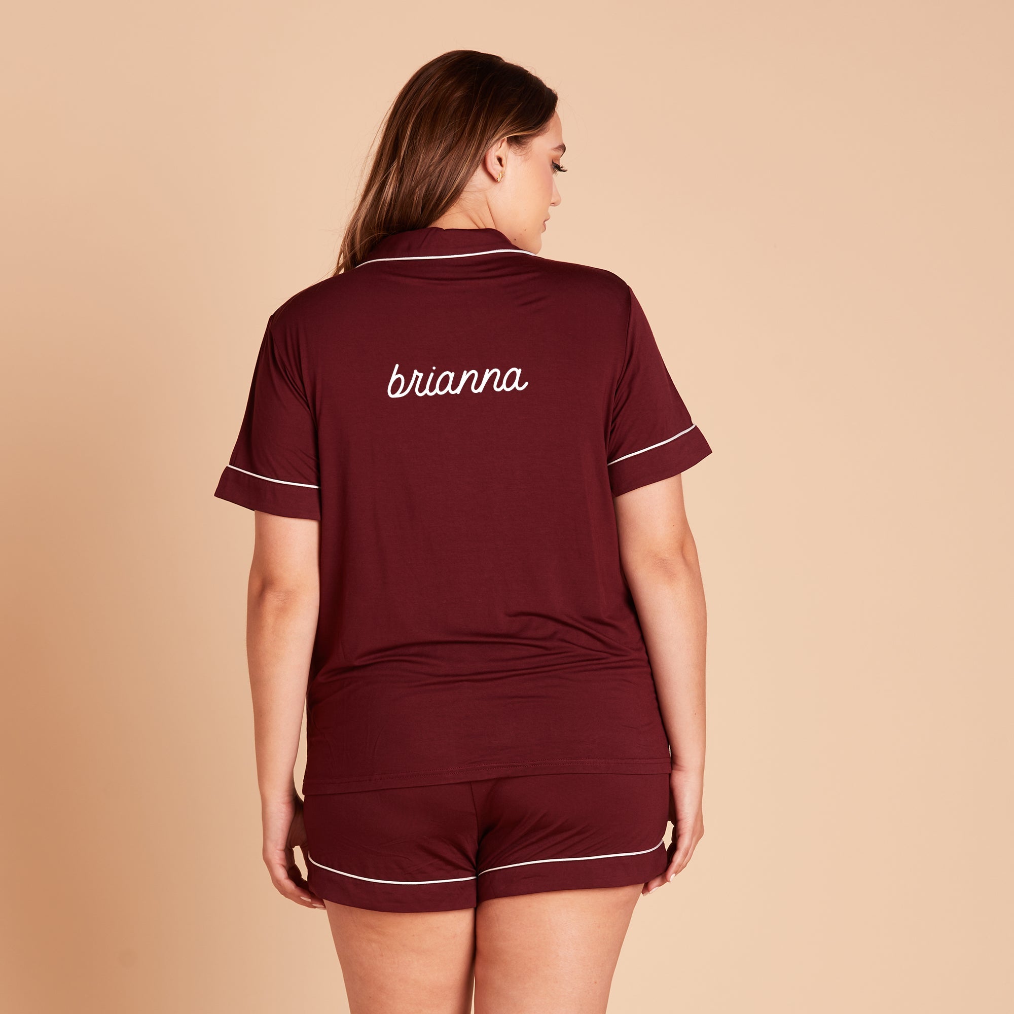 Jonny Plus Size Short Sleeve Pajama Set With White Piping in cabernet burgundy, back view