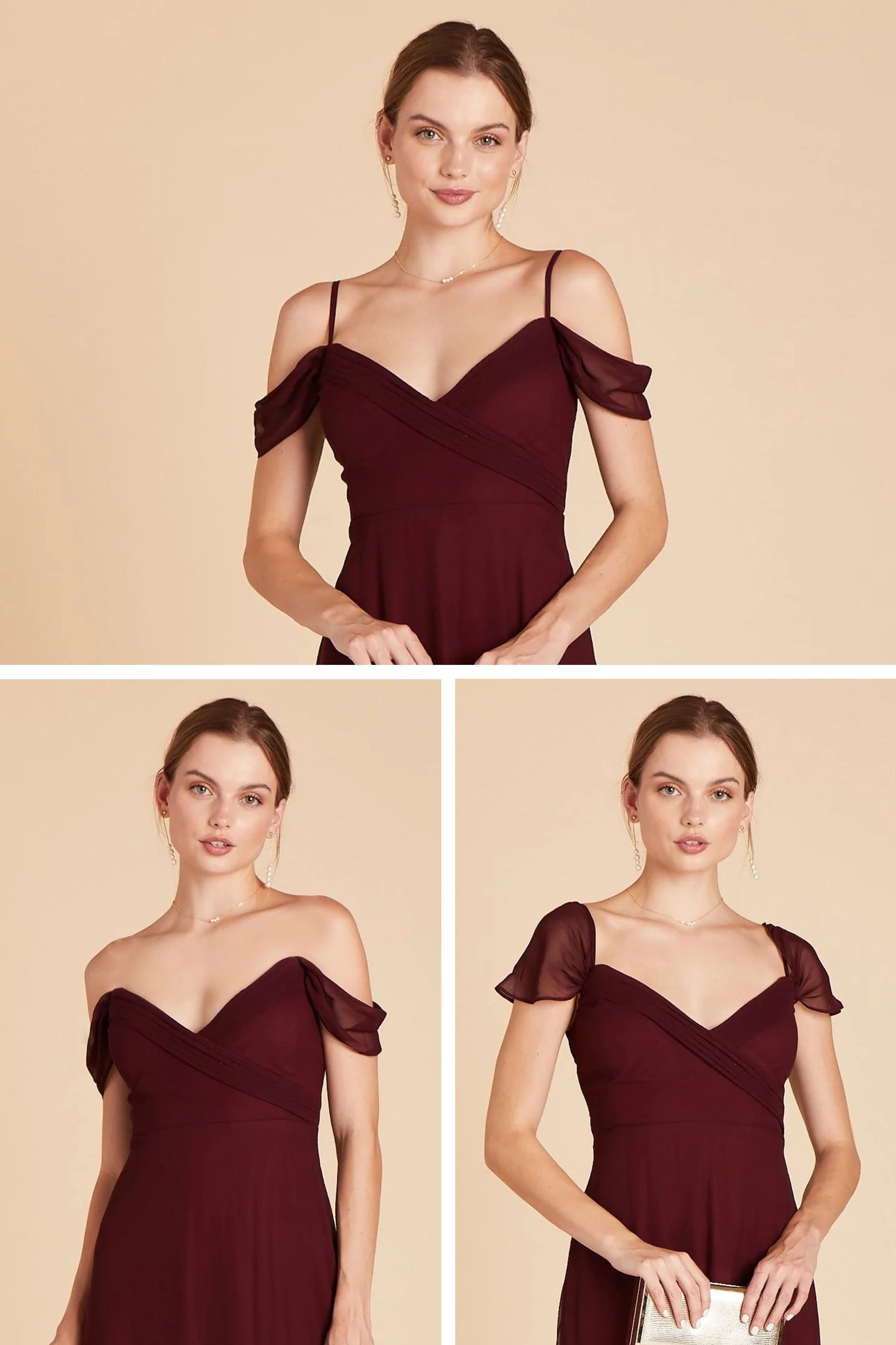 Front view of three images of the Spence Convertible Dress sleeves in cabernet on a slender model with a light skin tone. Image one shows the model wearing straps with the chiffon sleeves draped onto their arm. Image two shows the model wearing no straps with the chiffon sleeves draped onto their arm. Image three shows the model wearing sleeves on their shoulder caps. 