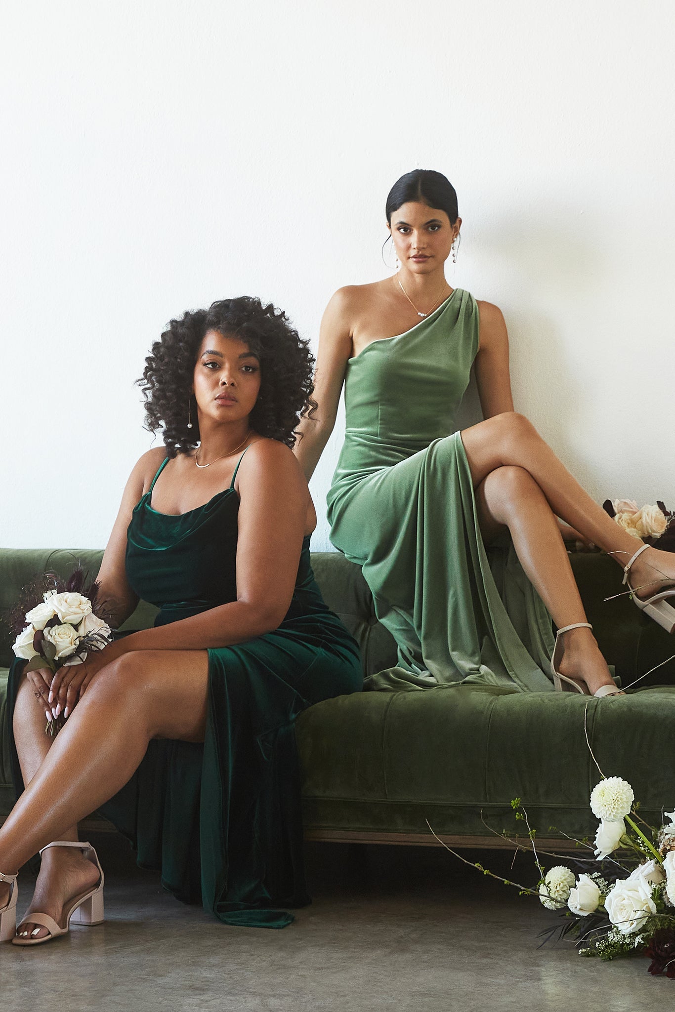 Kira bridesmaid dress with slit in dark sage by Birdy Grey, front view