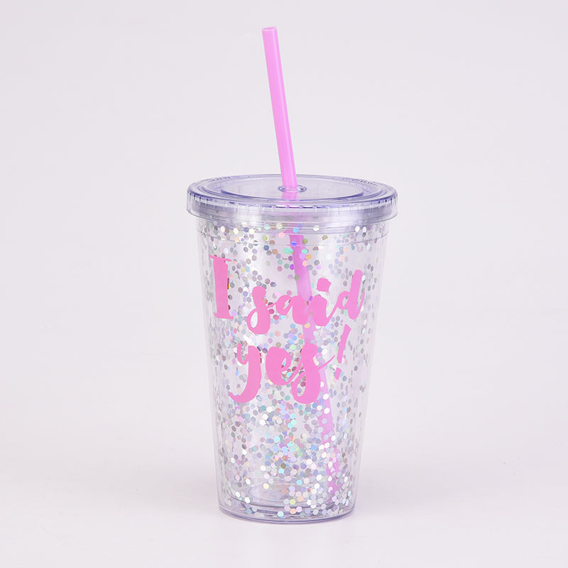 I Said Yes Glitter Tumbler With Straw by Birdy Grey, front view