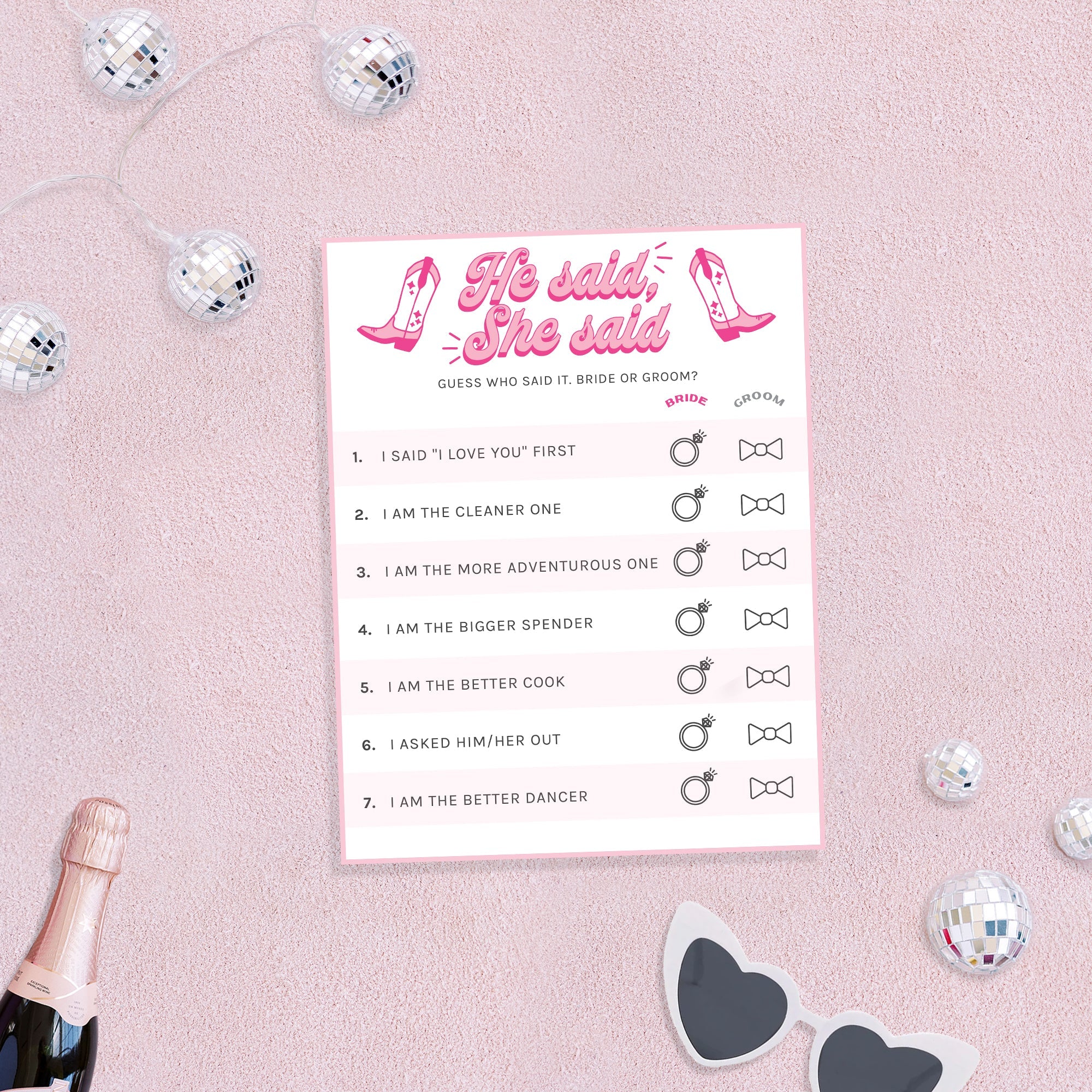 Downloadable Bachelorette Party Trivia Game by Birdy Grey, Front View