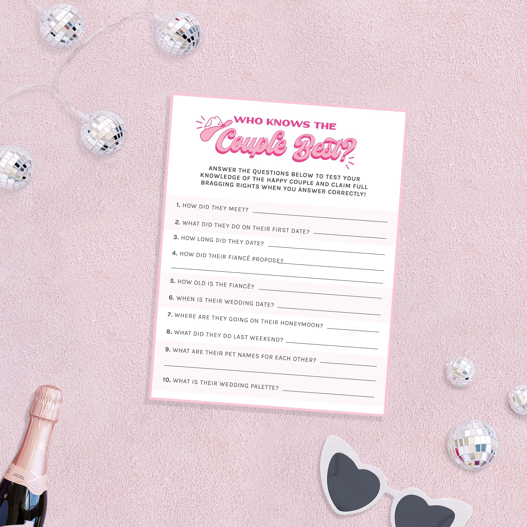 Downloadable Bachelorette Party Trivia Game by Birdy Grey, Front View