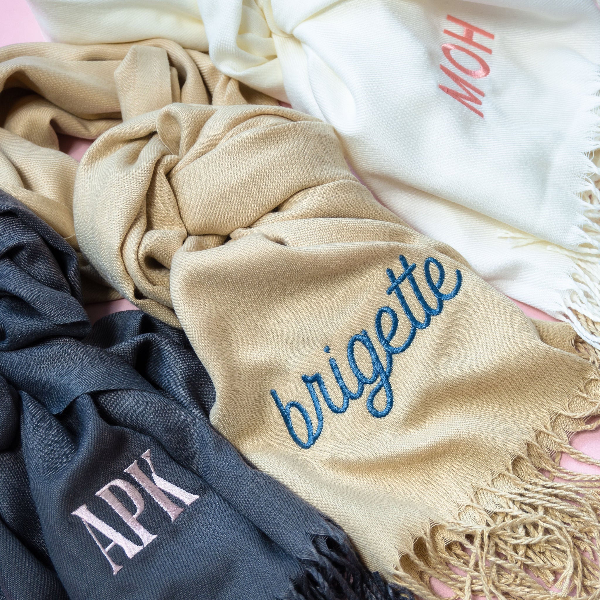 Gray, Cream and Beige Shawl with fringe with pink and blue lettering personalization by Birdy Grey