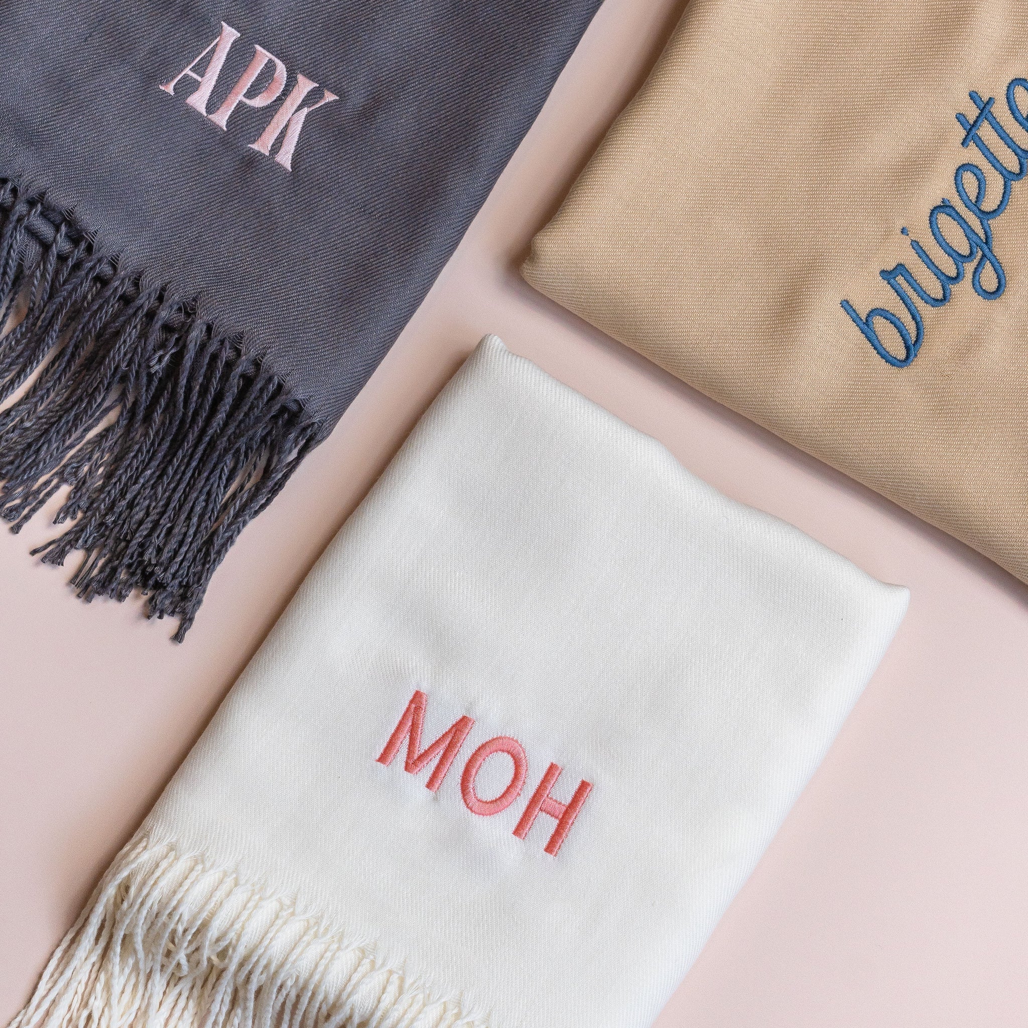 Gray, Cream and Beige Shawl with fringe with pink and blue lettering personalization by Birdy Grey