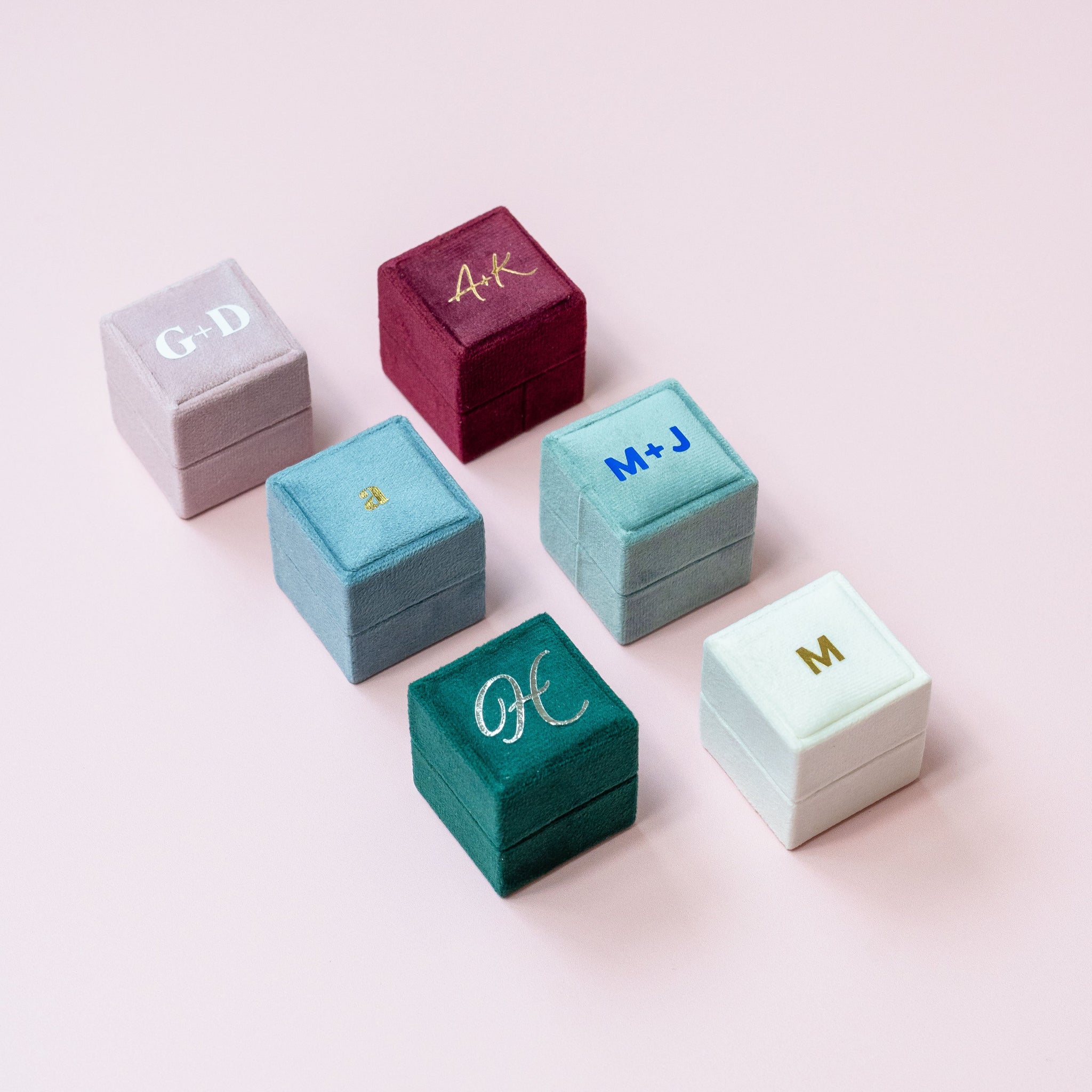 Velvet Ring Boxes with white, gold, silver and blue lettering personalization by Birdy Grey