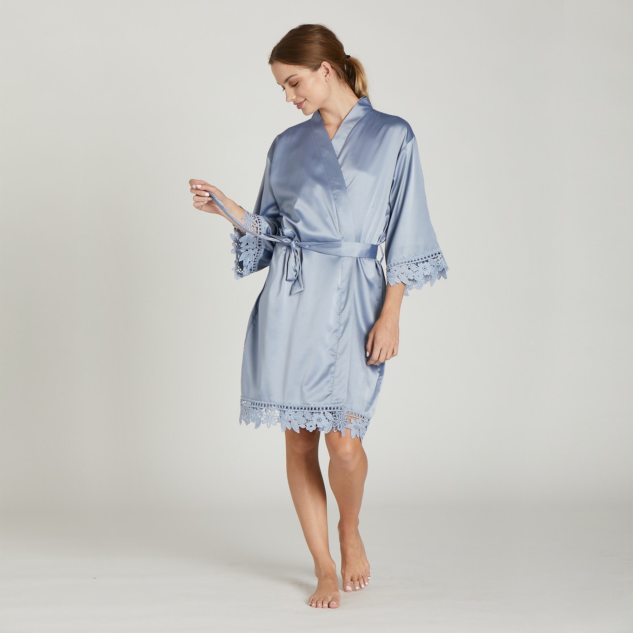 Satin Lace Robe in dusty blue by Birdy Grey, front view