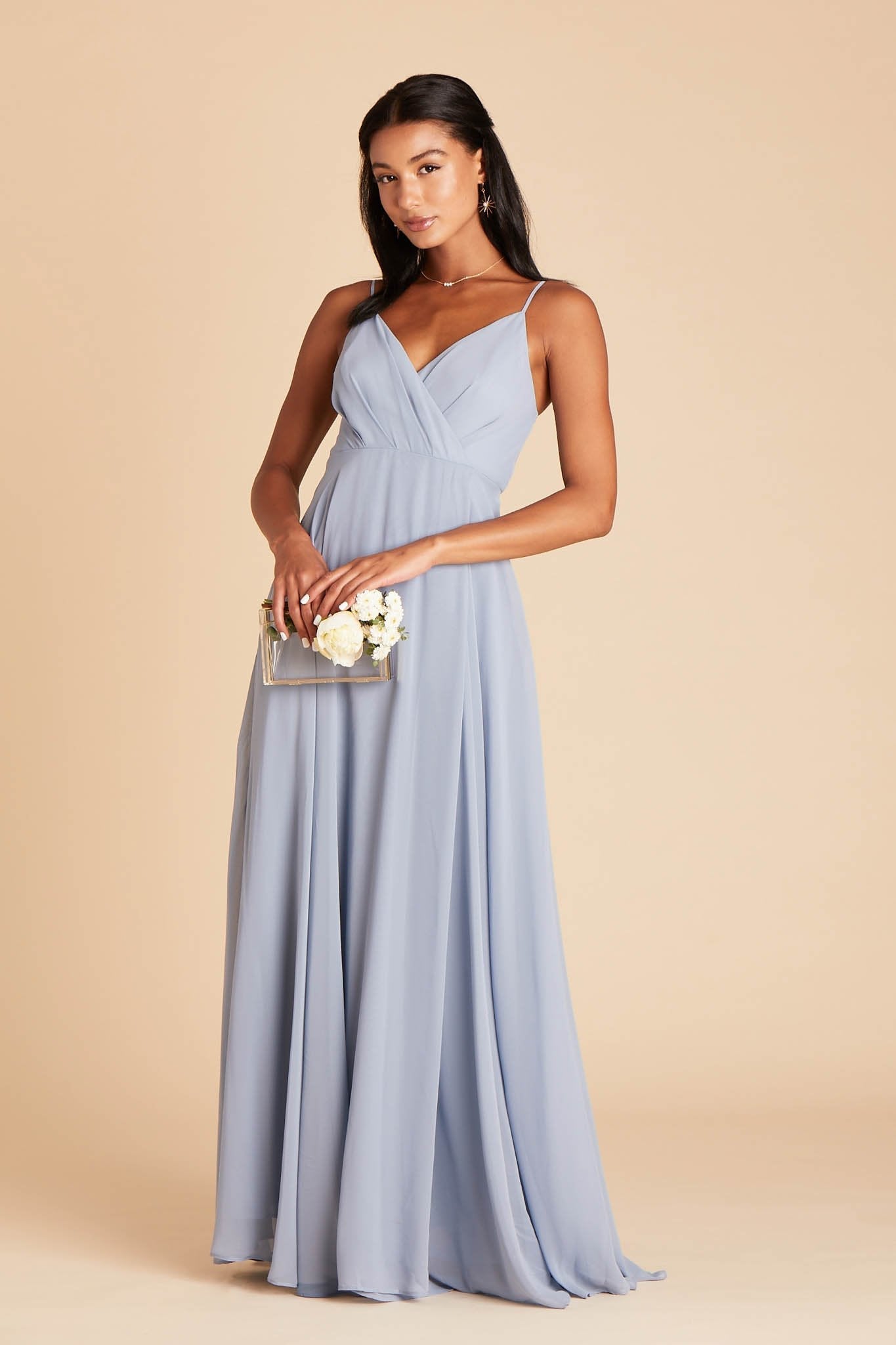 Kaia bridesmaids dress in dusty blue chiffon by Birdy Grey, front view