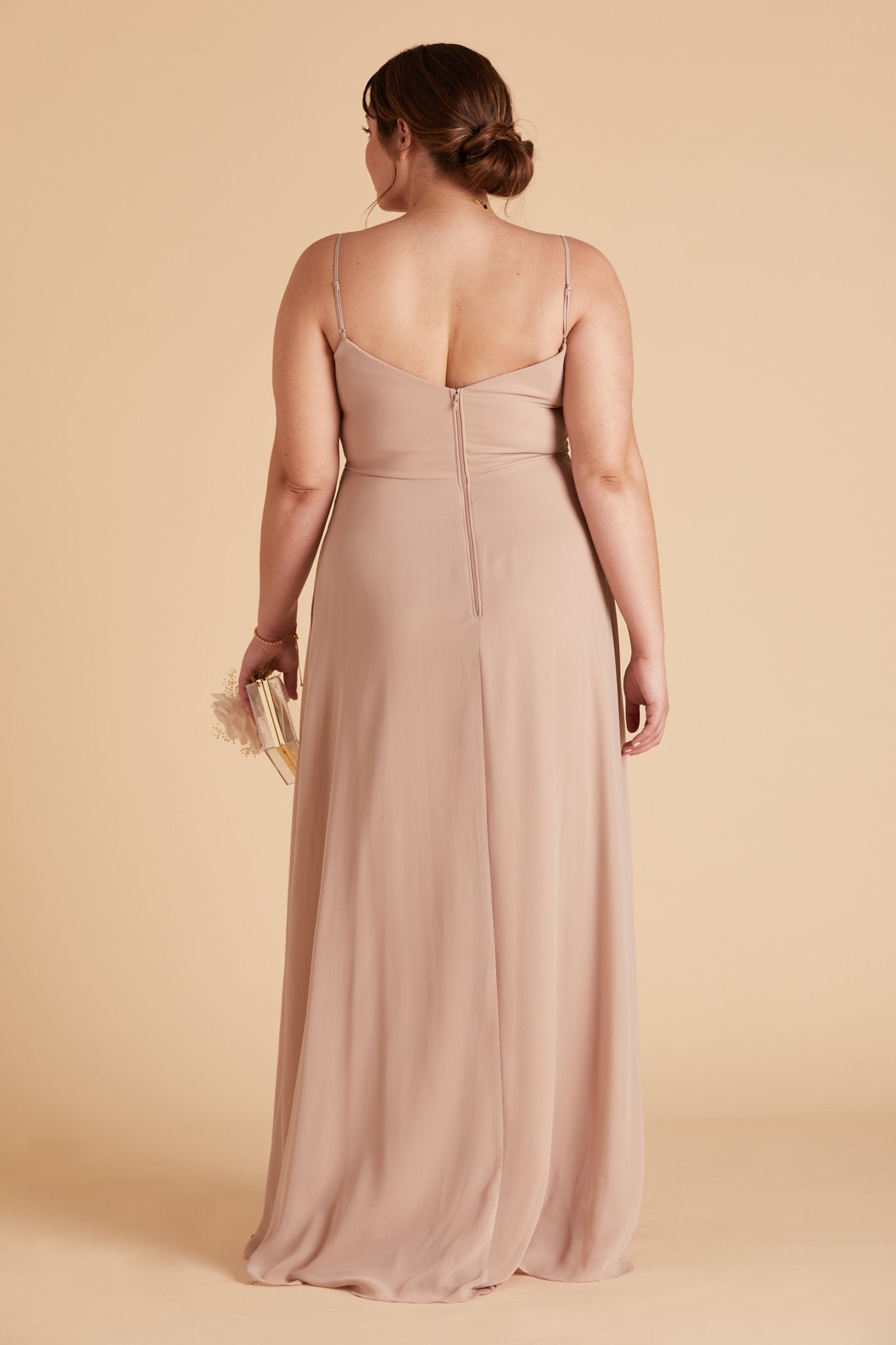 Devin convertible plus size bridesmaids dress in taupe chiffon by Birdy Grey, back view