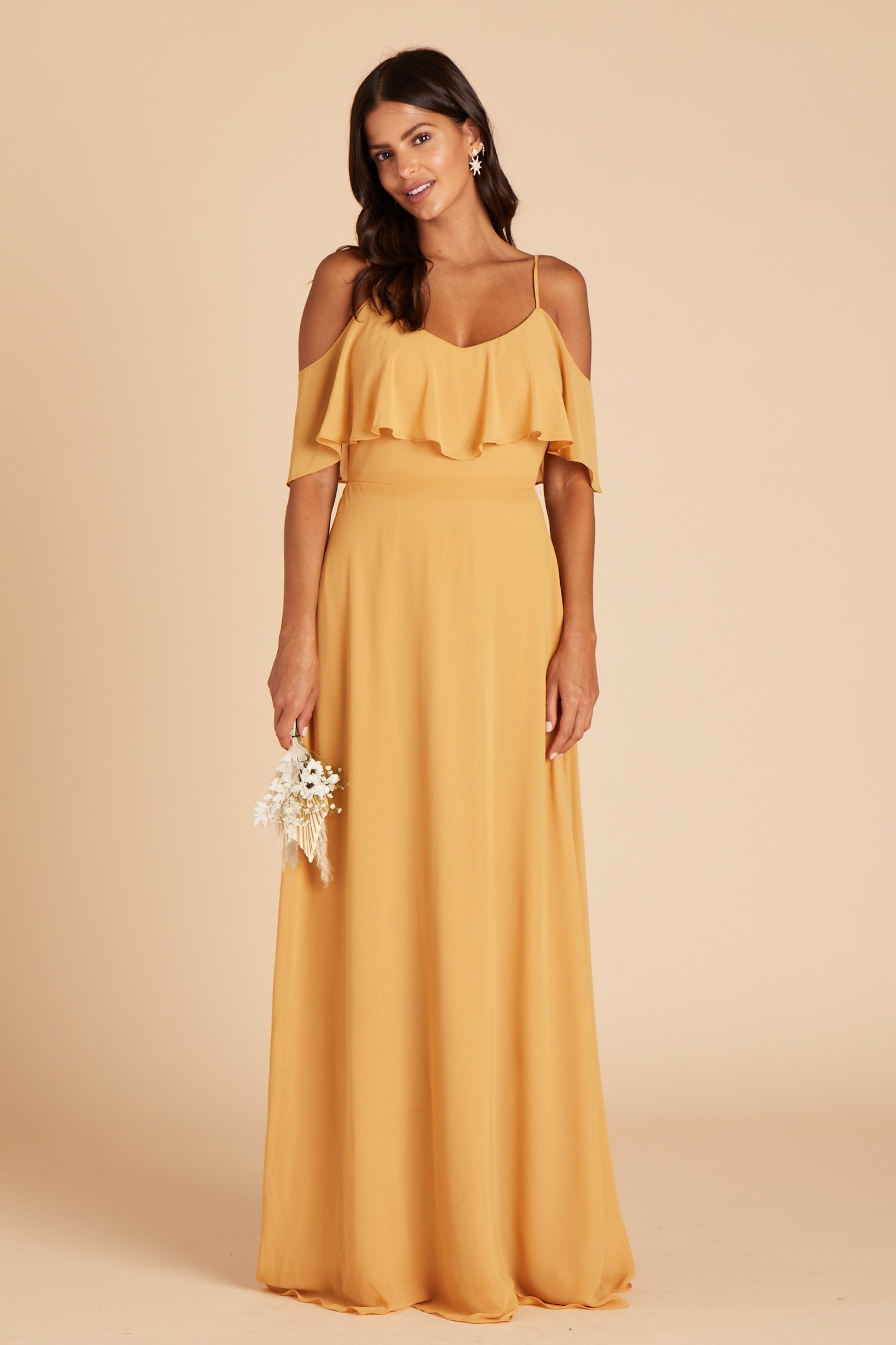 Jane convertible bridesmaid dress in marigold chiffon by Birdy Grey, front view