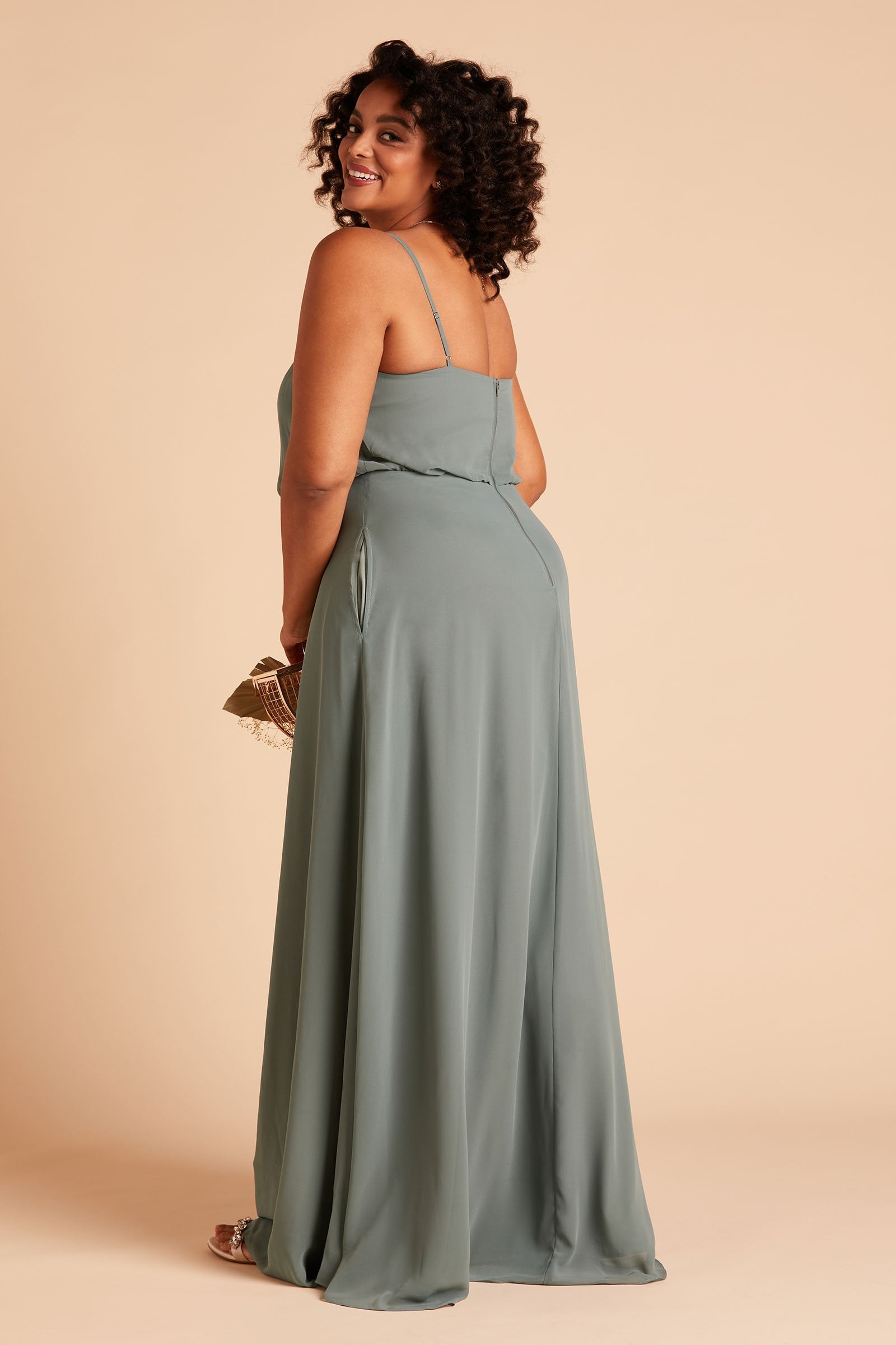 Gwennie plus size bridesmaid dress in sea glass green chiffon by Birdy Grey, side view