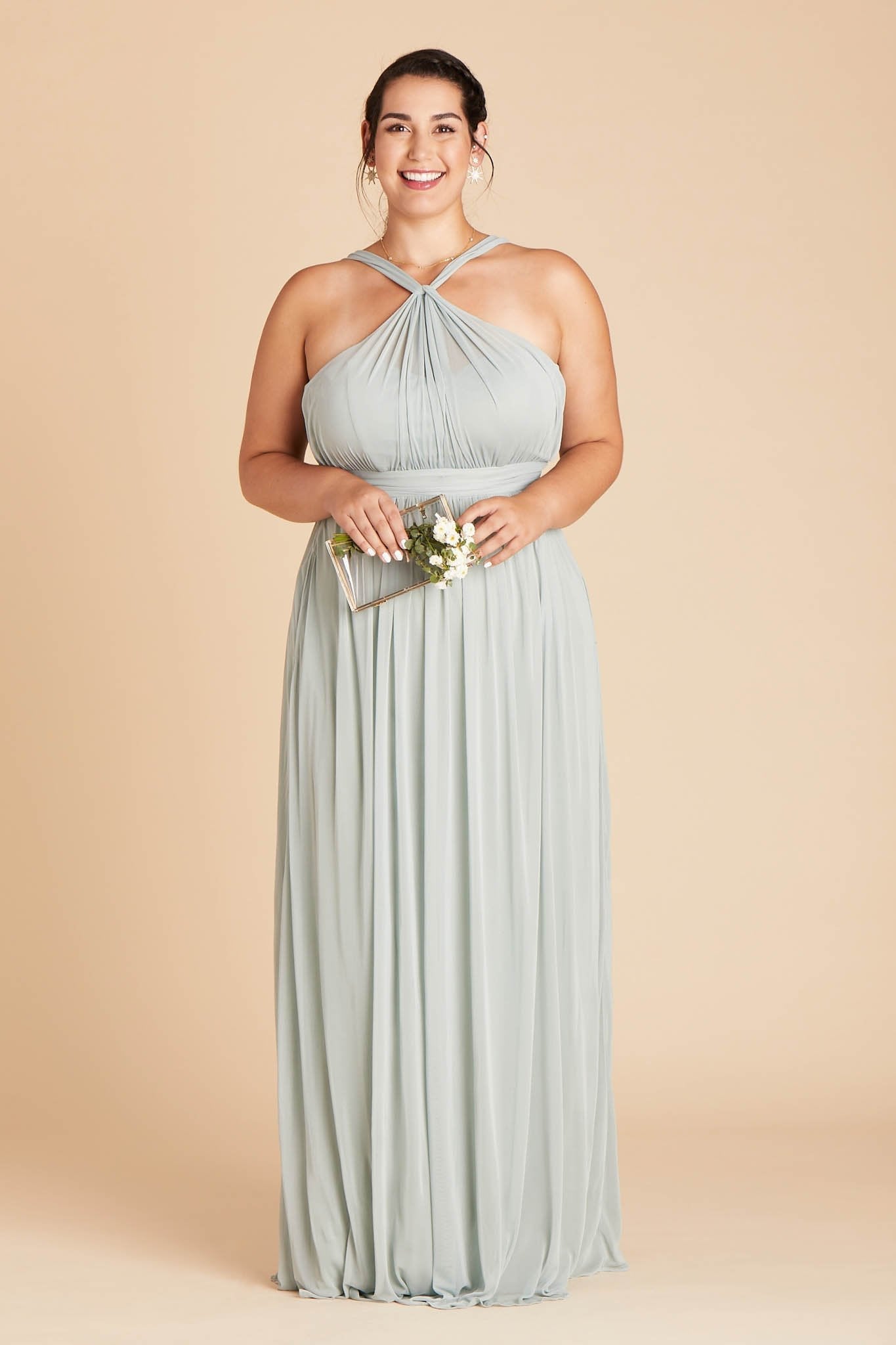 Kiko plus size bridesmaid dress in sage green chiffon by Birdy Grey, front view