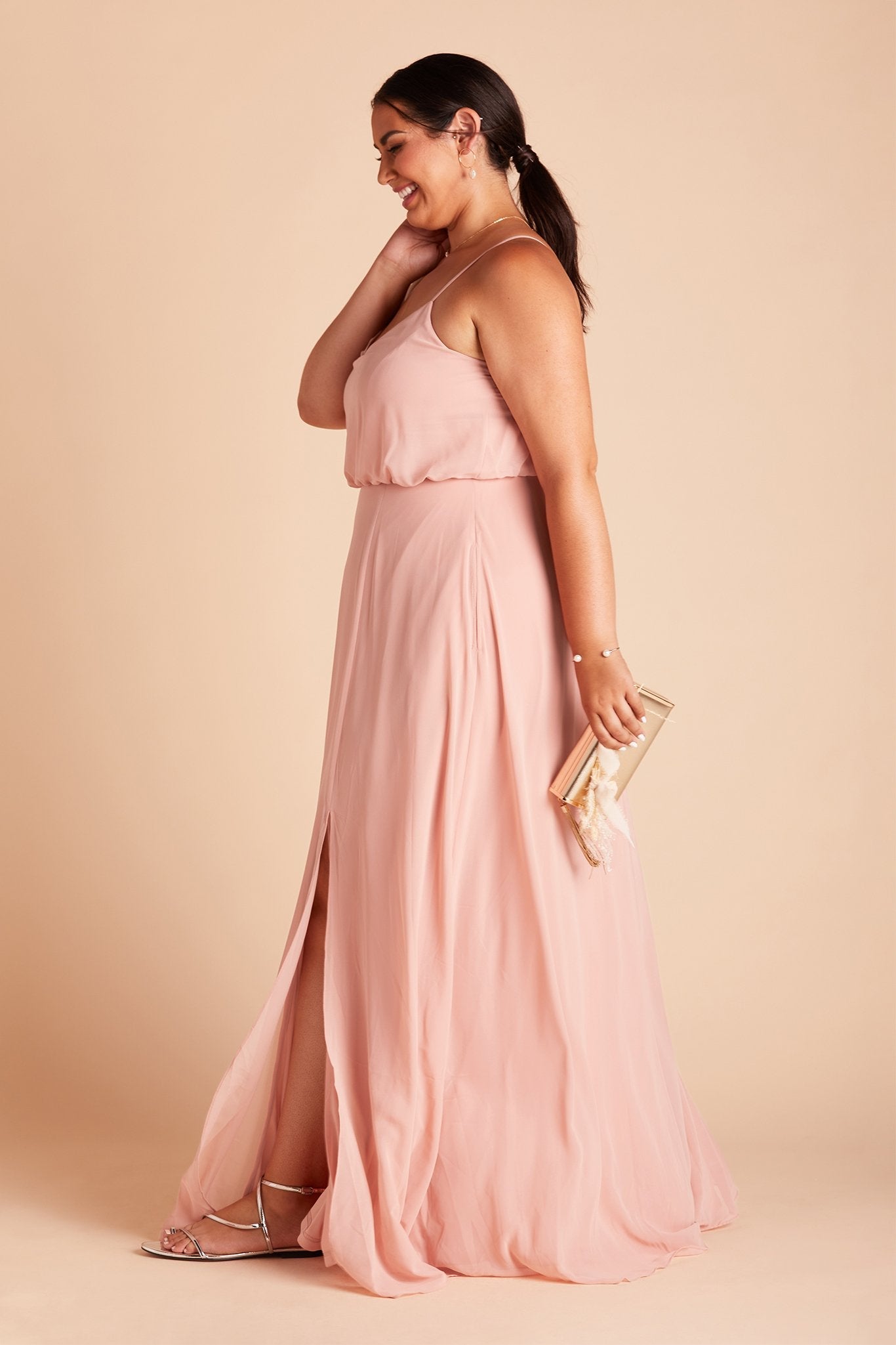 Gwennie plus size bridesmaid dress with slit in dusty rose chiffon by Birdy Grey, side view