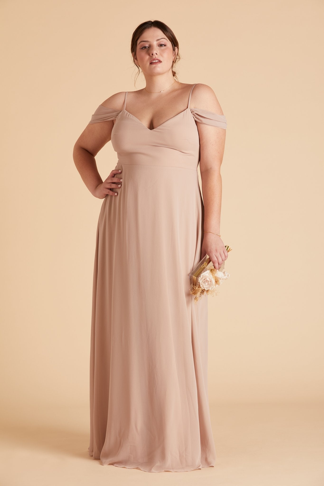 Devin convertible plus size bridesmaids dress in taupe chiffon by Birdy Grey, front view