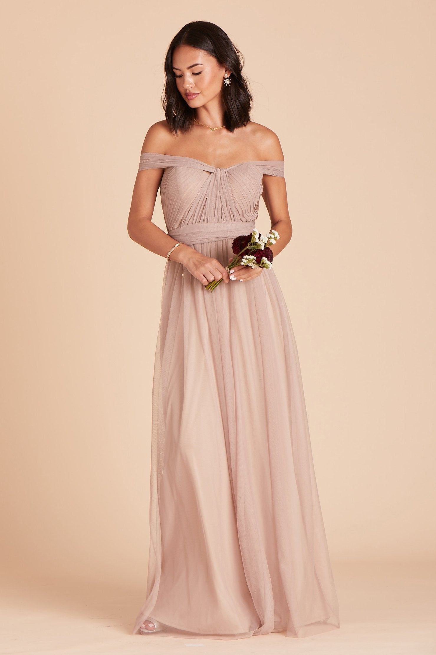 Christina convertible bridesmaid dress in sandy taupe tulle by Birdy Grey, front view