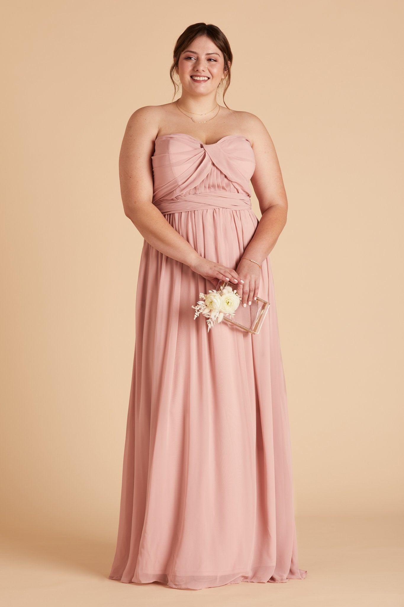 Grace convertible plus size bridesmaid dress in rose quartz pink chiffon by Birdy Grey, front view