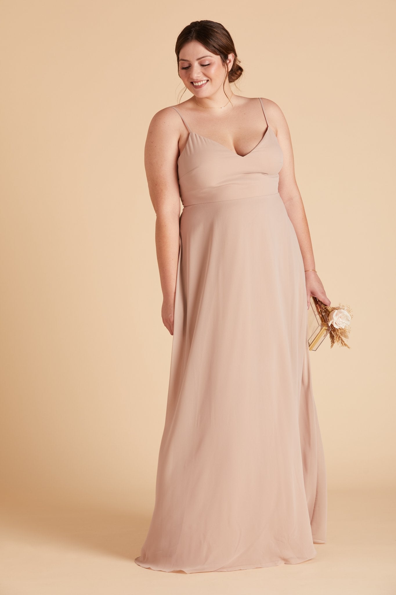 Devin convertible plus size bridesmaids dress in taupe chiffon by Birdy Grey, front view