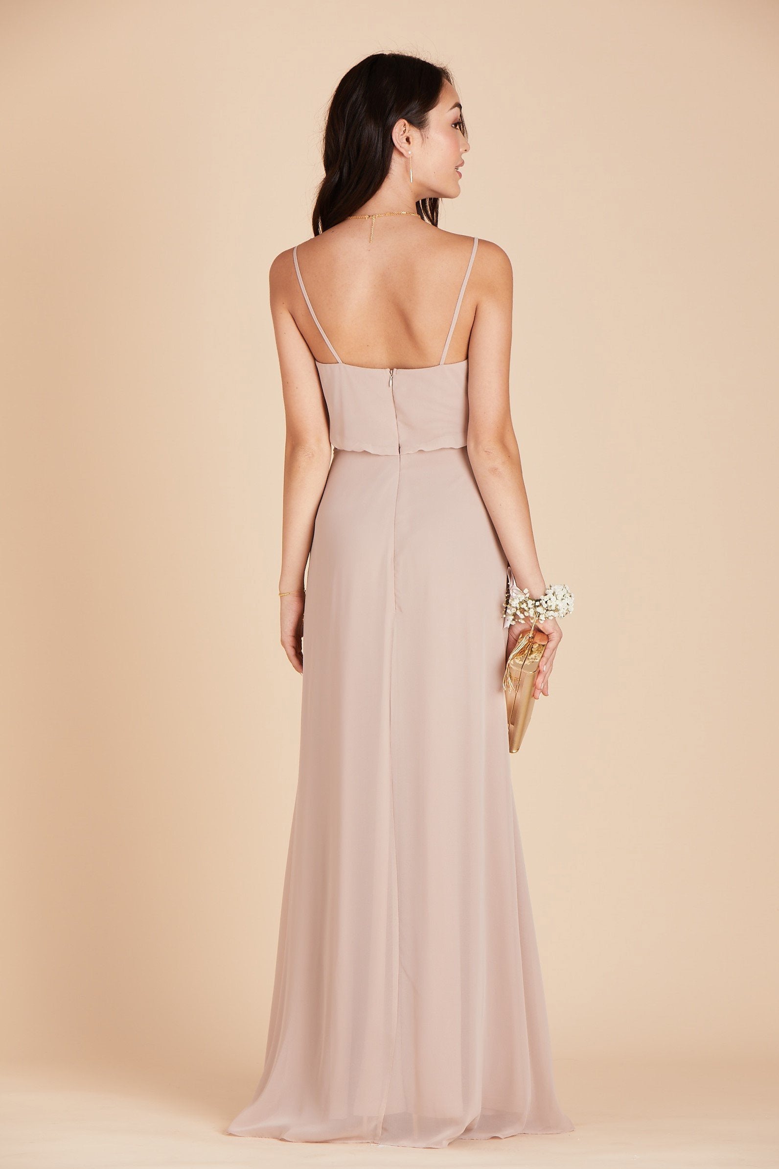 Gwennie bridesmaid dress in taupe chiffon by Birdy Grey, back view