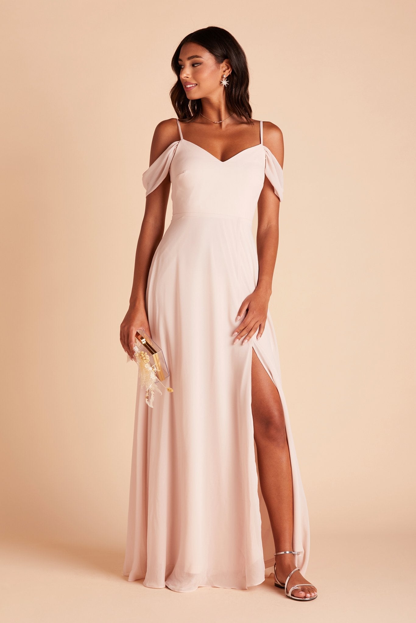 Devin convertible bridesmaids dress with slit in pale blush chiffon by Birdy Grey, front view