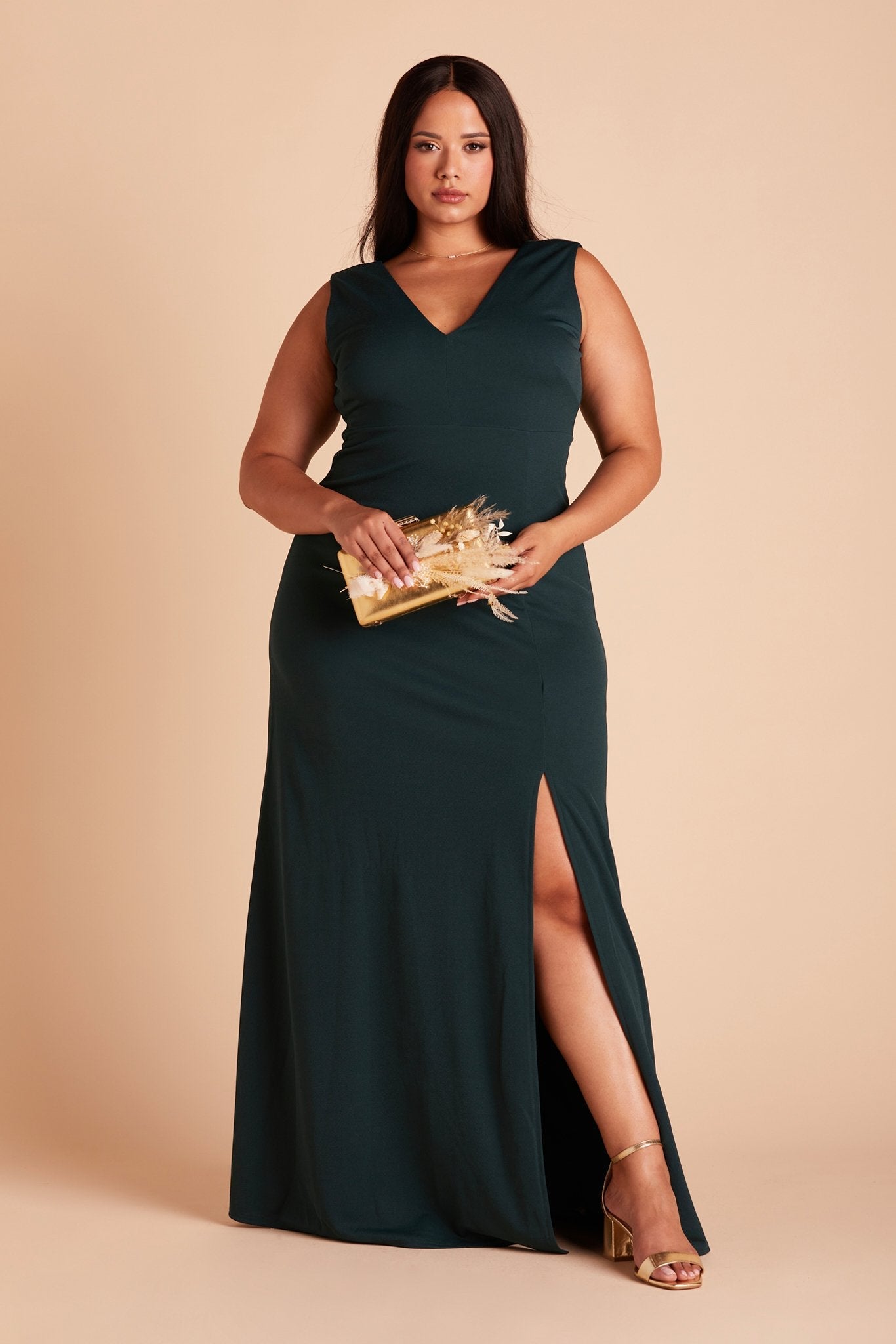 Shamin plus size bridesmaid dress with slit in emerald green chiffon by Birdy Grey, front view