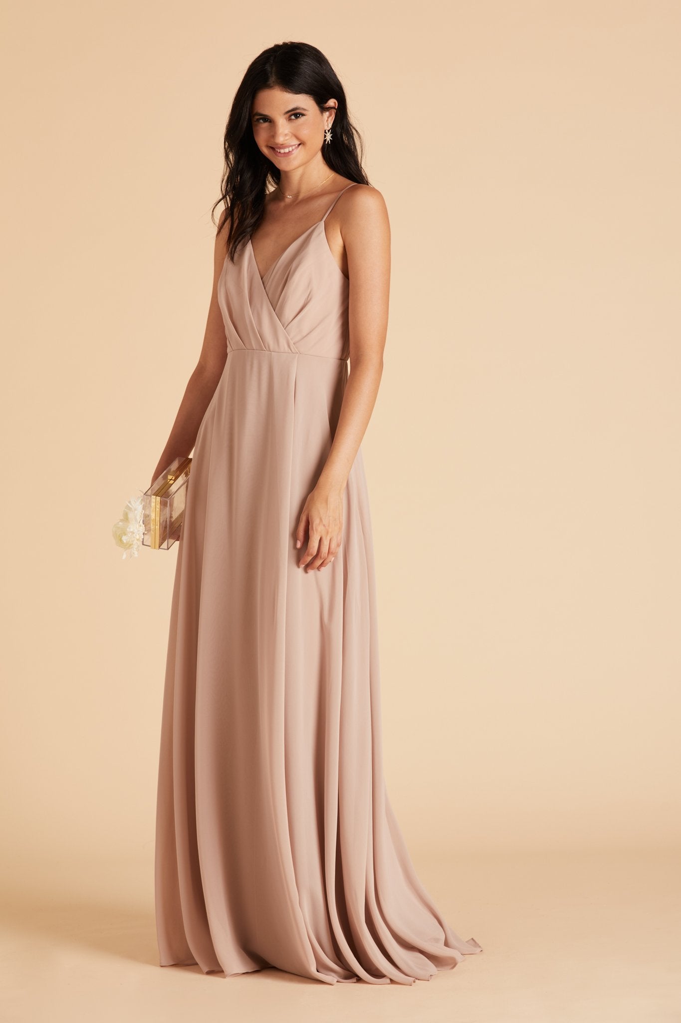 Kaia bridesmaids dress in taupe chiffon by Birdy Grey, front view