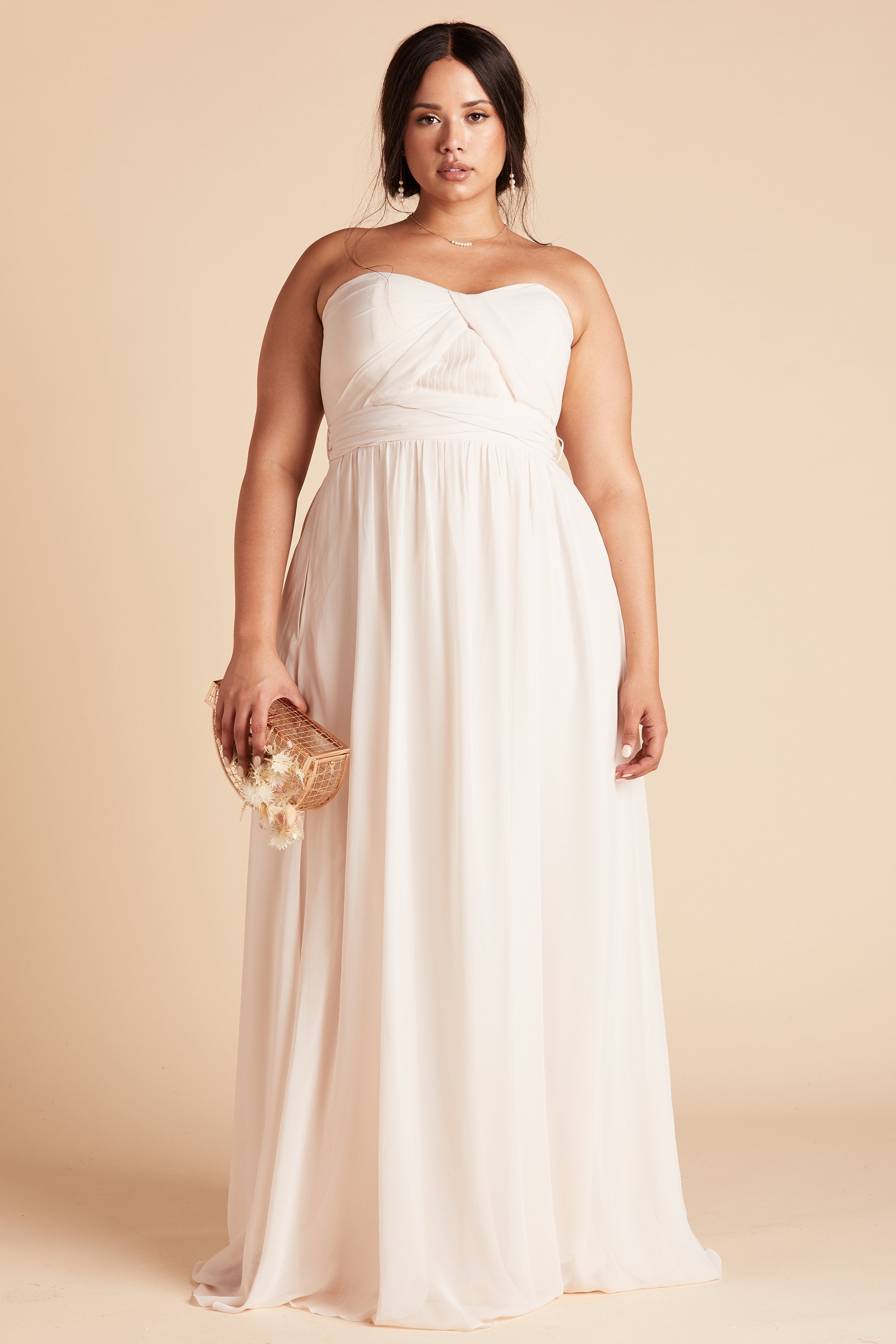 Grace convertible plus size bridesmaid dress in champaign chiffon by Birdy Grey, front view