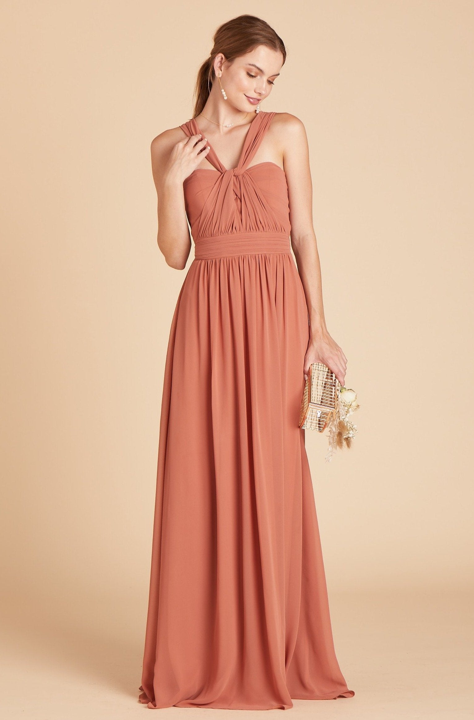 Grace convertible bridesmaid dress in terracotta orange chiffon by Birdy Grey, front view