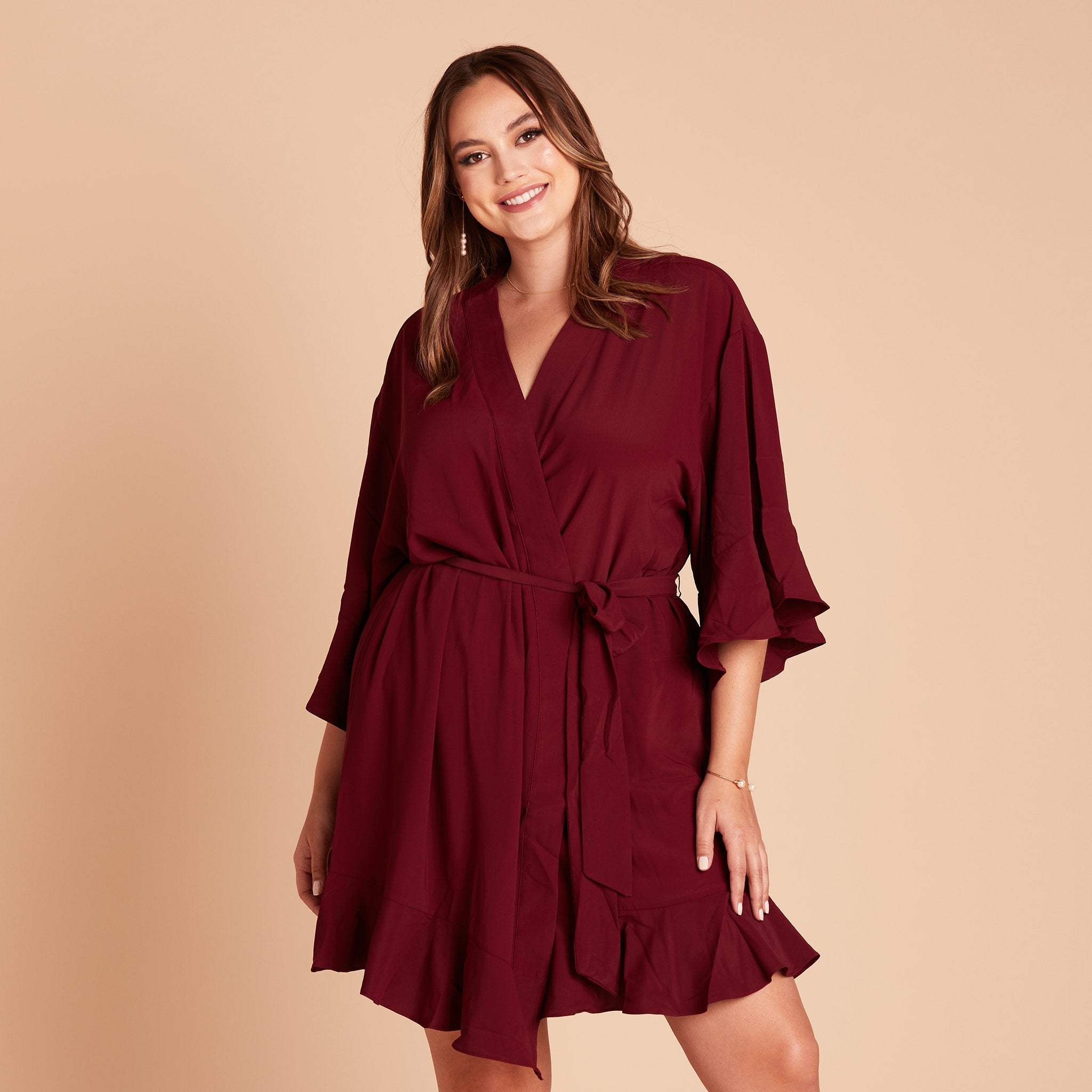 Kenny Ruffle Robe in cabernet burgundy by Birdy Grey, front view