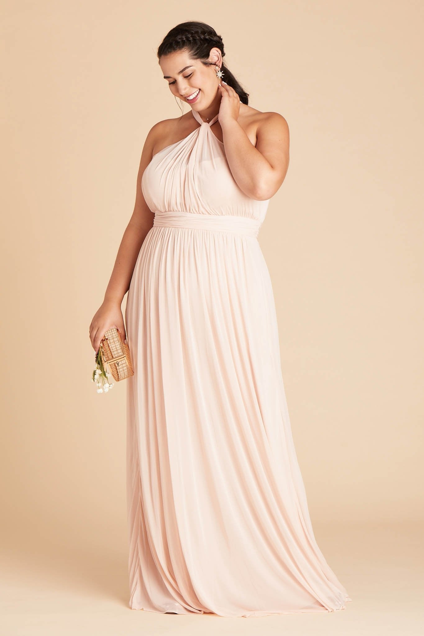 Kiko plus size bridesmaid dress in pale blush chiffon by Birdy Grey, side view