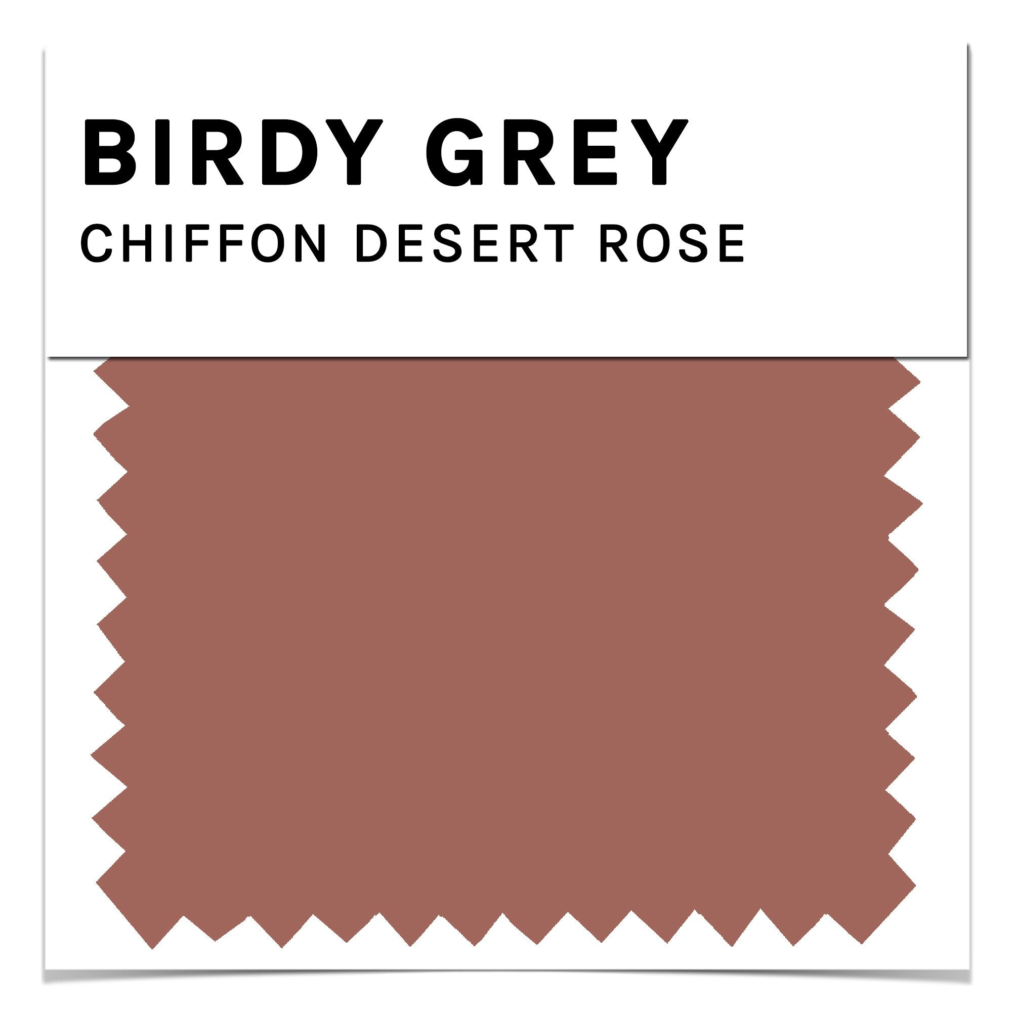 Front closeup view of the Birdy Grey color swatch card for chiffon fabric in desert rose. The desert rose color is a medium brownish pink.