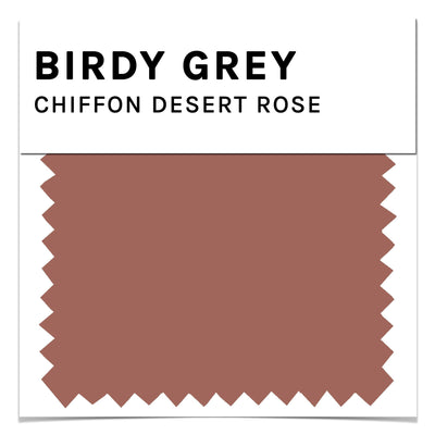 Front closeup view of the Birdy Grey color swatch card for chiffon fabric in desert rose. The desert rose color is a medium brownish pink.