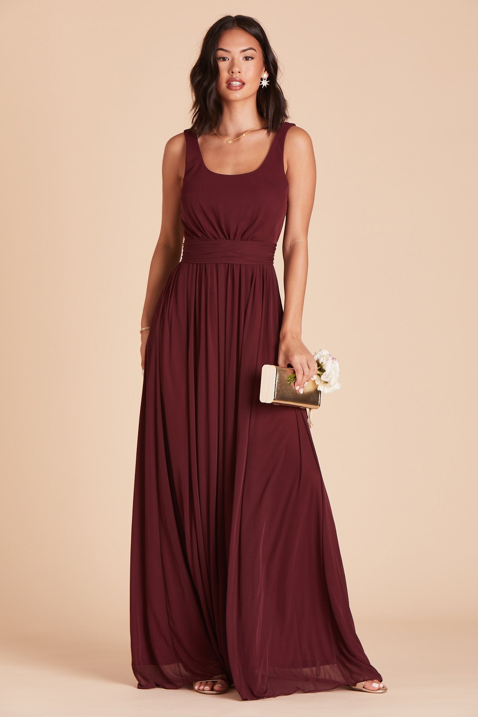 Jan bridesmaids dress in cabernet burgundy chiffon by Birdy Grey, front view