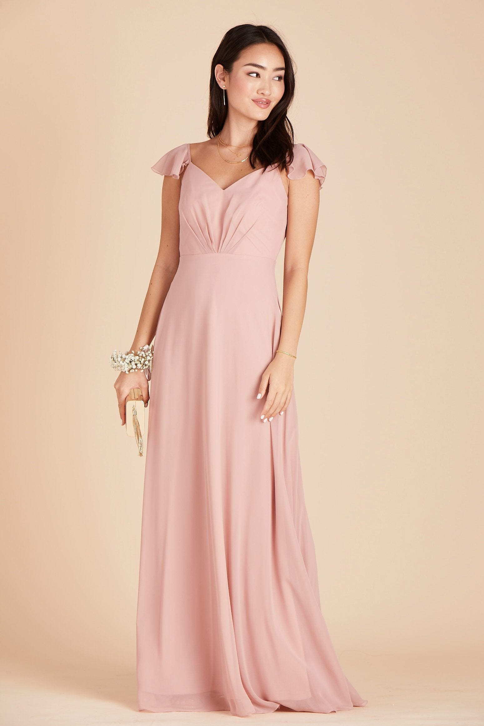 Kae bridesmaids dress in dusty rose pink chiffon by Birdy Grey, front view 